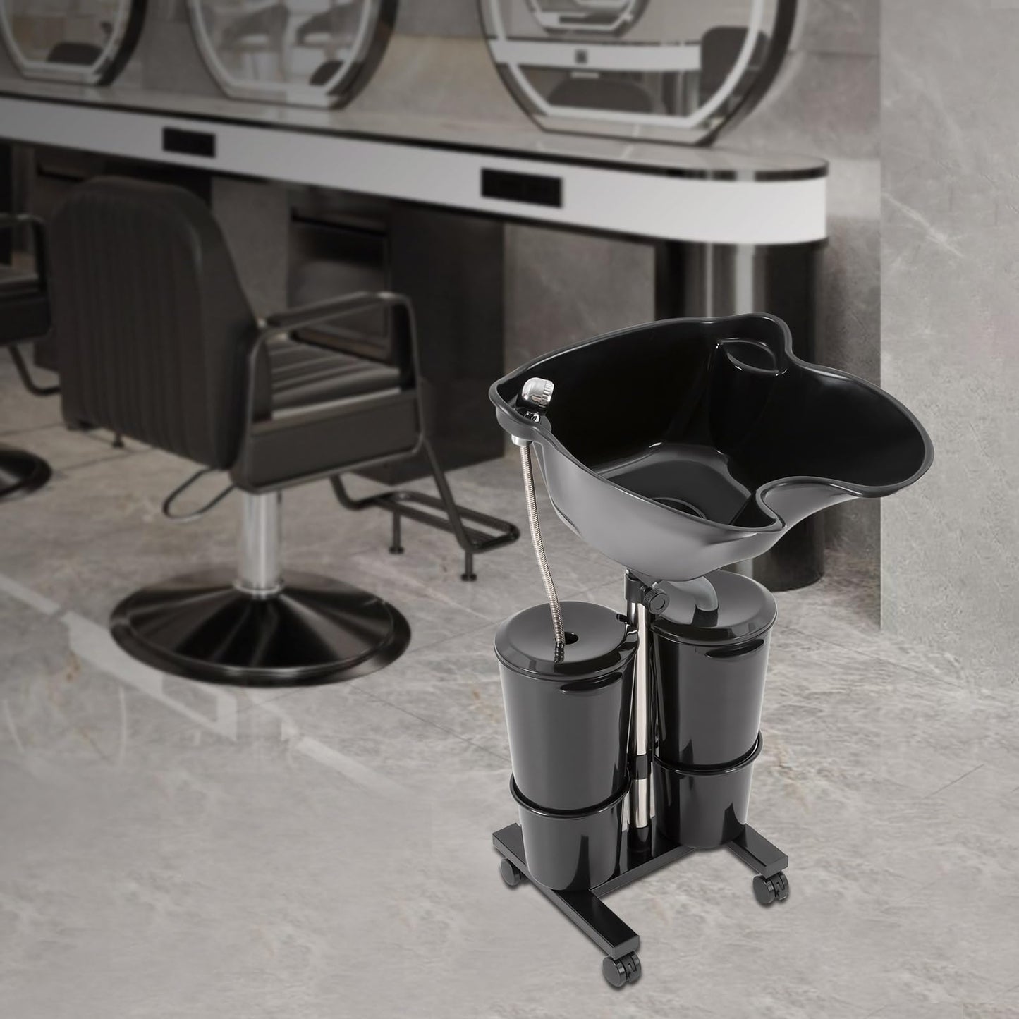 Dark Gray BINELUCOLU Electric Portable Shampoo Bowl, Height/Angle Adjustable Portable Salon Shampoo Bowl with 2 Buckets Hair Washing Sink with Wheels Shampoo Basin Portable Hair Washing Station