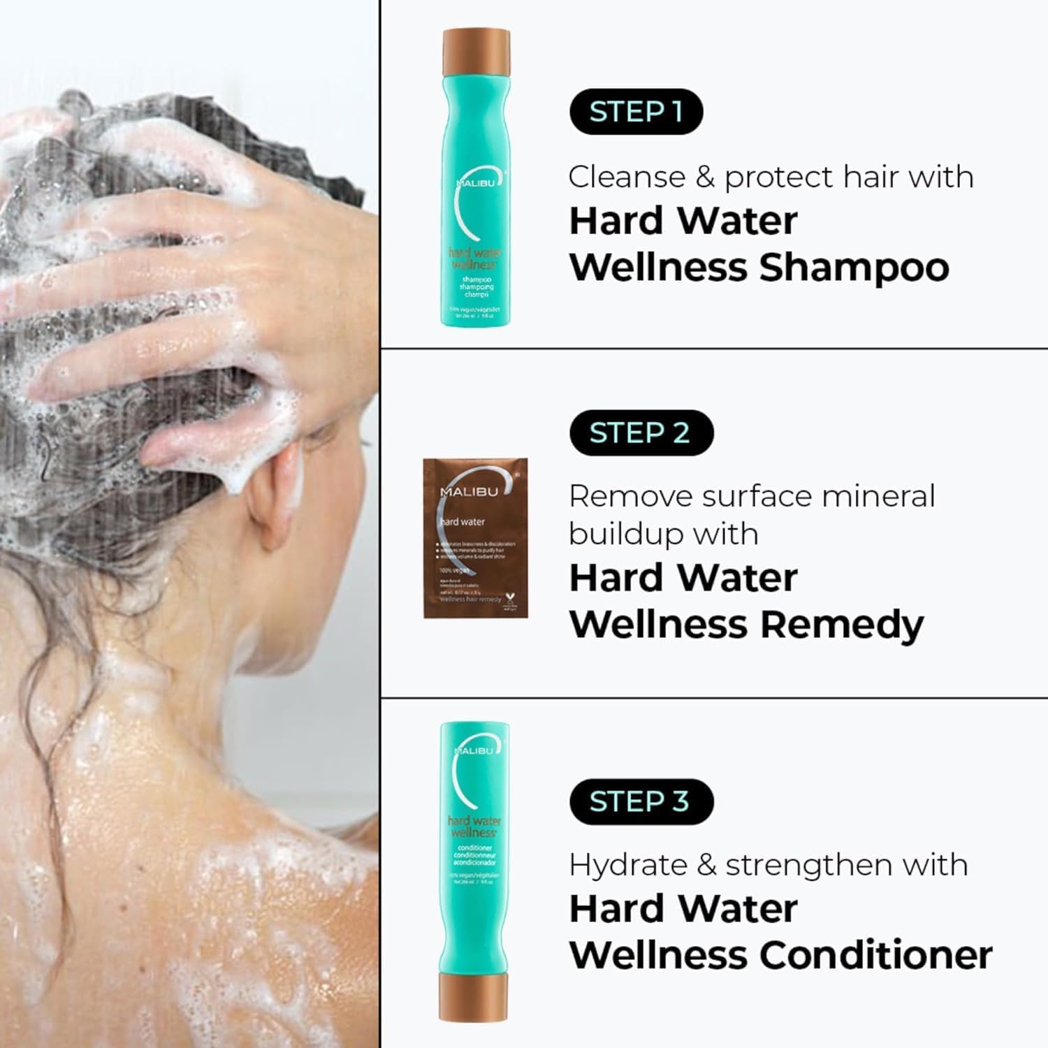 White Smoke Malibu C Hard Water Wellness Remedy - Hard Water Shampoo, Conditioner & Hair Mask Packets for Removing Deposits and Impurities - Hydrating Hair Care Set (6 Ct)