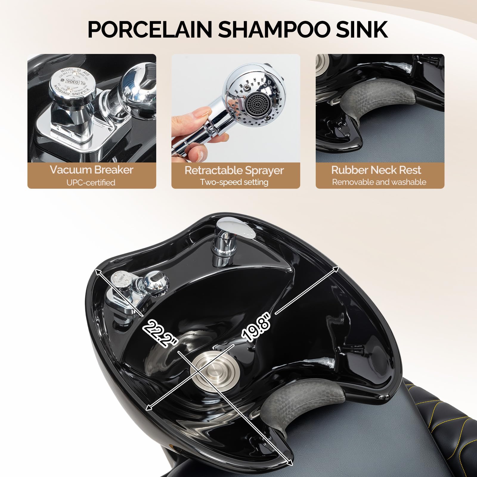White Smoke OmySalon Shampoo Bowls for Salon, Black and Gold Shampoo Chair with Tilting Porcelain Sink, Hair Washing Station Backwash Barber Chair, Shampoo Unit for Beauty Spa Barbershop