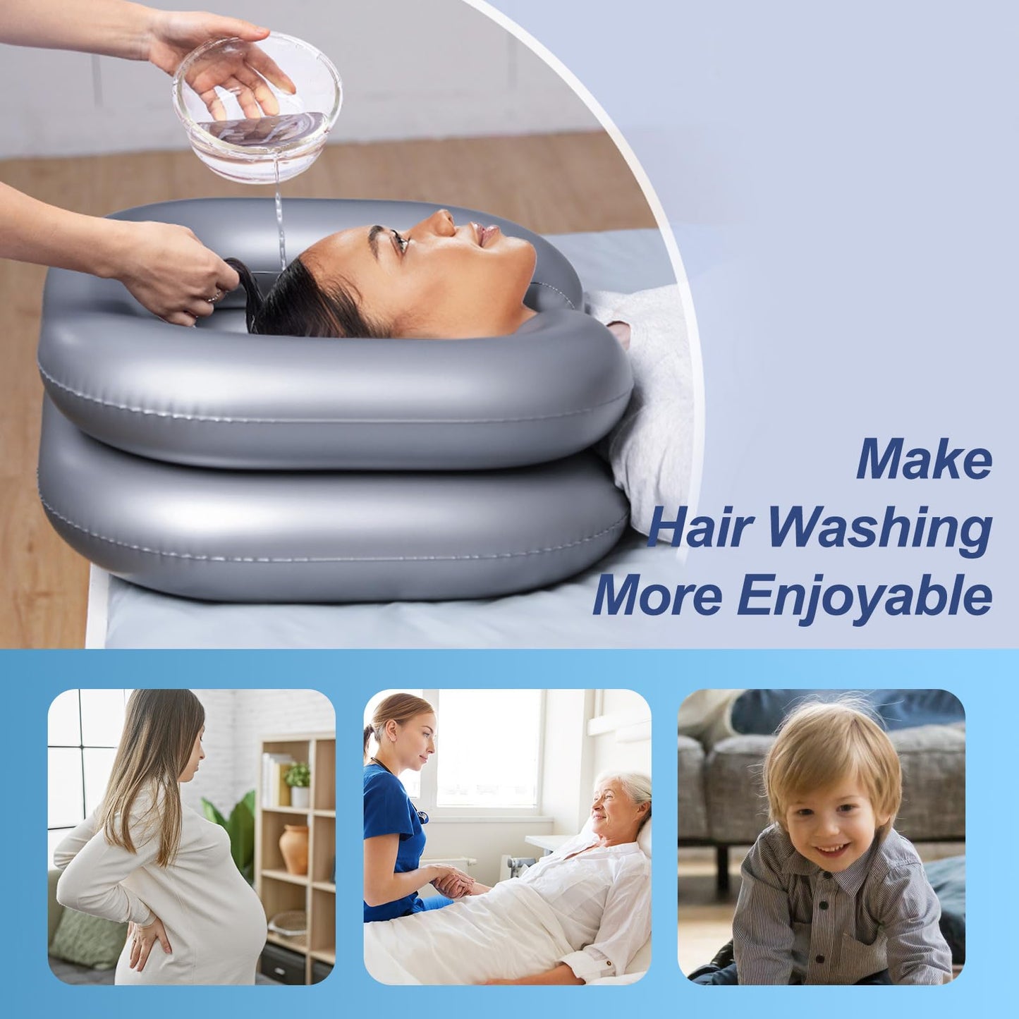 Light Gray Inflatable Shampoo Basin for Bedridden and Disabled,Portable Shampoo Bowl for Injured, Hair Washing Basin for Childred,Pregnant Woman,Easy Hair Washing at Home (Silvery)