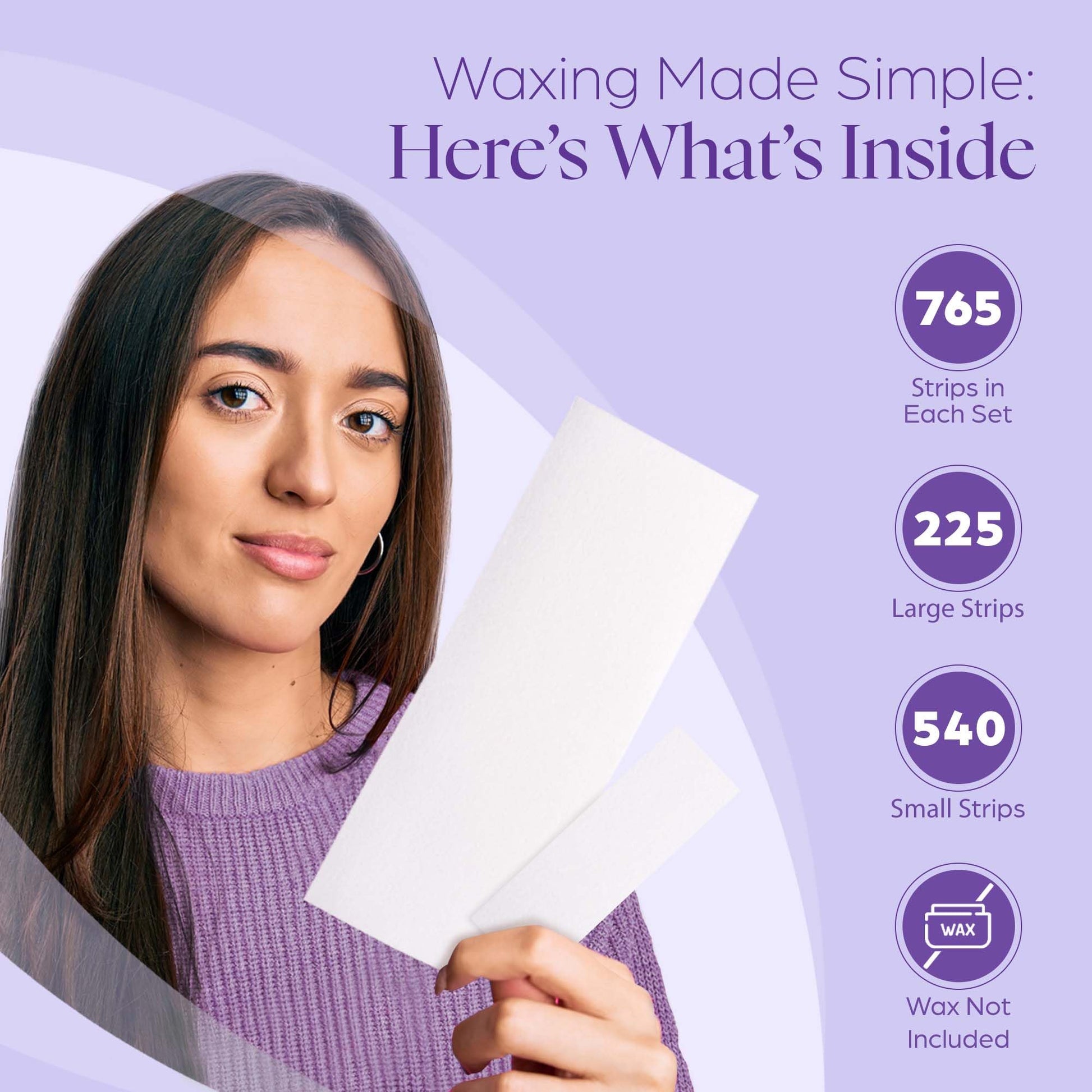 Lavender 765 Professional Wax Strips for Waxing – Tear-Resistant Fabric Hair Removal Strips – 225 Large & 540 Small – Reusable for Warm Wax & Sugar Paste – Face, Body & Intimate Areas