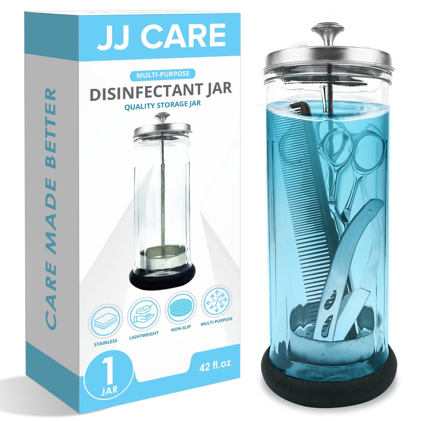 White Smoke JJ CARE Disinfectant Jar (42oz) - Barber Disinfectant Jar Glass, Sanitizer Container w/Stainless Steel Removable Strainer & Cap for Manicure, Salon, Spa and Barber Tools - Silver Lid