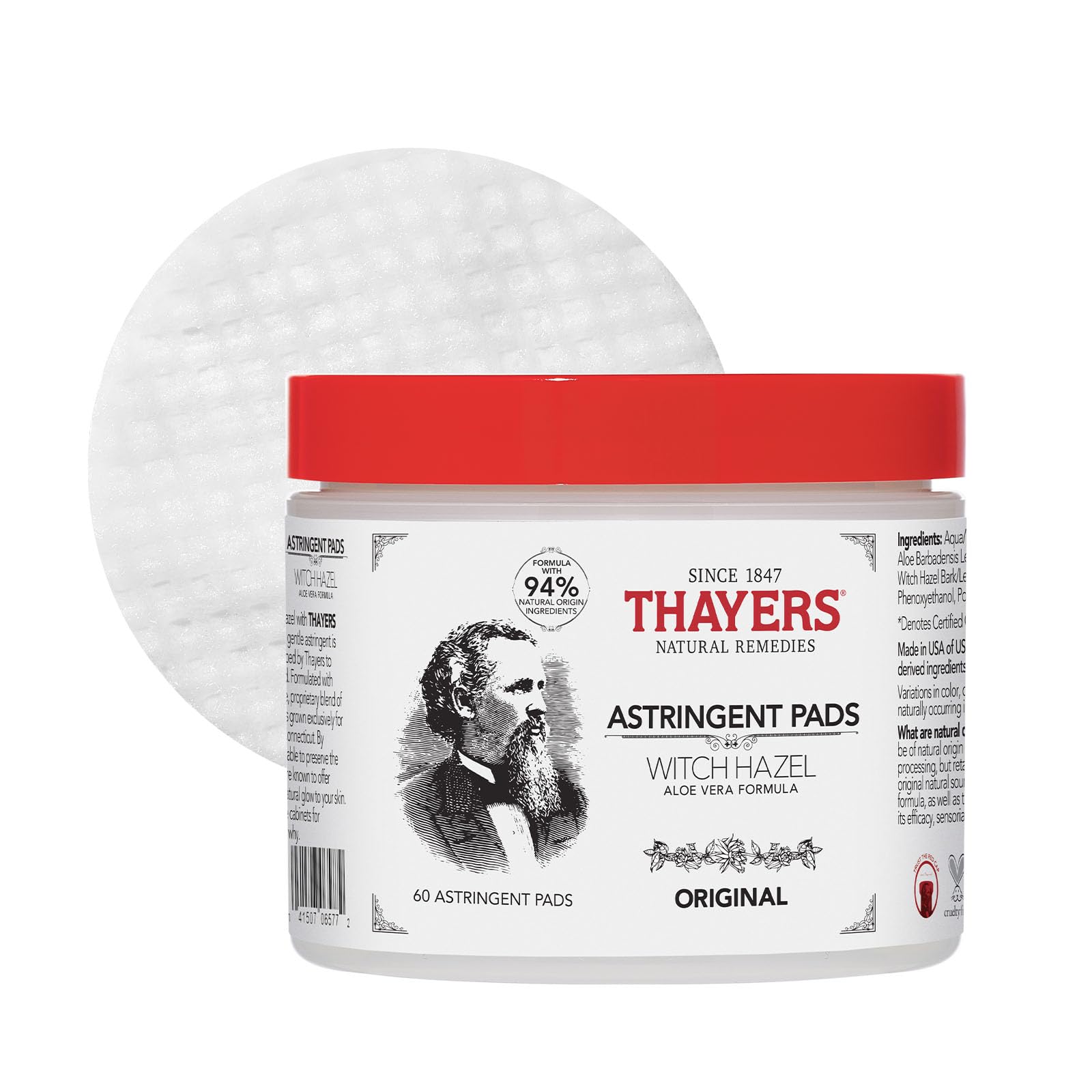 Lavender THAYERS Original Witch Hazel Astringent Pads with Aloe Vera Formula, 60 Count
