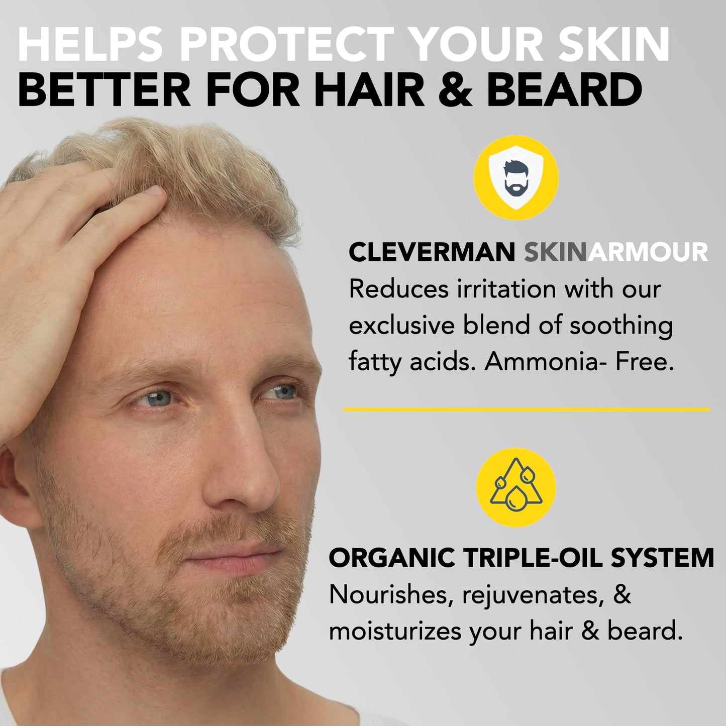 Gray Reusable Hair & Beard Dye for Men – Lightest Blond | Up to 5 Uses, 7 Minutes | Natural Gray Coverage, No-Drip Cream with SkinArmour® – Cleverman