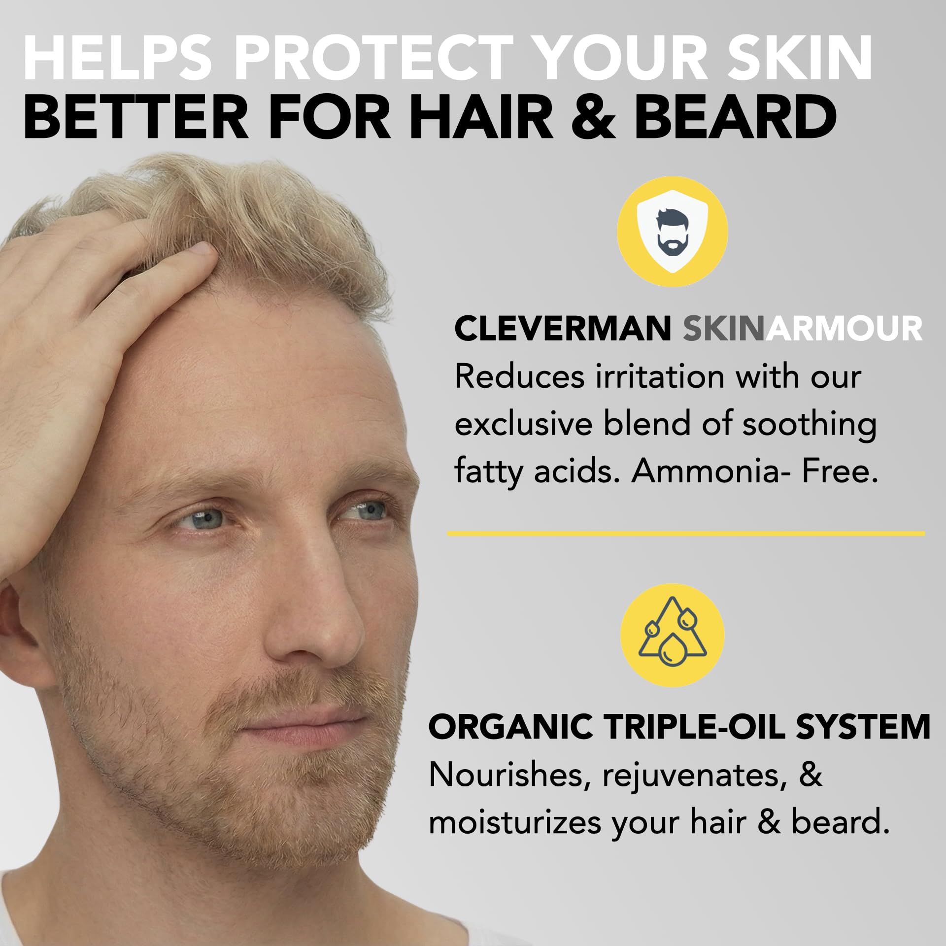 Gray Reusable Hair & Beard Dye for Men – Lightest Blond | Up to 5 Uses, 7 Minutes | Natural Gray Coverage, No-Drip Cream with SkinArmour® – Cleverman