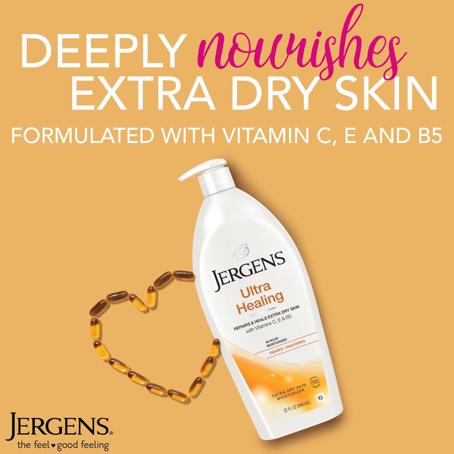 Sandy Brown Jergens Ultra Healing Dry Skin Lotion, Hand and Body Moisturizer for Quick Absorption into Extra Dry Skin with Hydralucence Blend, Vitamins C, E and B5, White, 32oz