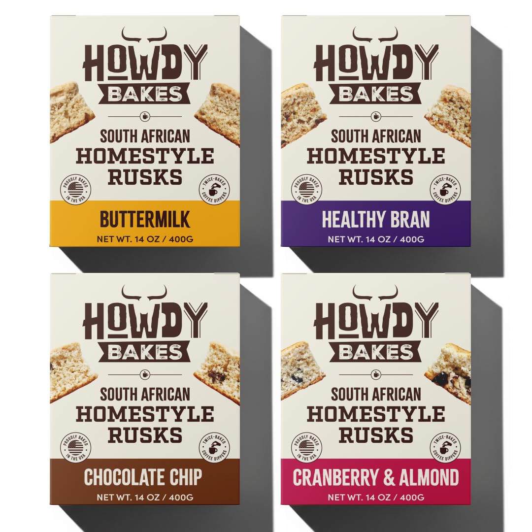 Antique White Howdy Homestyle South African Rusks (Pack of 4) - Double Baked Biscuits w/Buttermilk, Healthy Bran, Cranberry & Almond & Chocolate Chip - Preservative Free Sweet, Crispy Treats For Tea & Coffee