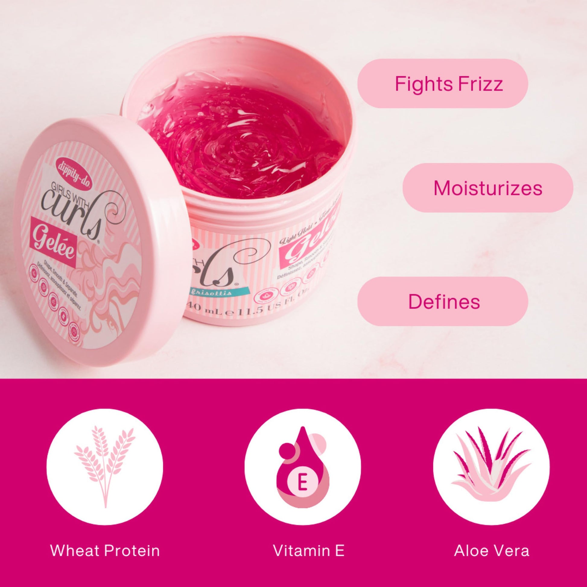 Misty Rose Dippity Do Girls with Curls Light Hold Gelee, Shape, Smooth & Separate Curls, Formulated with Aloe, Vitamin E & Wheat Protein, Frizz-Free, Never Crunchy, Curly Hair Gel For Women, 11.5 FL Oz