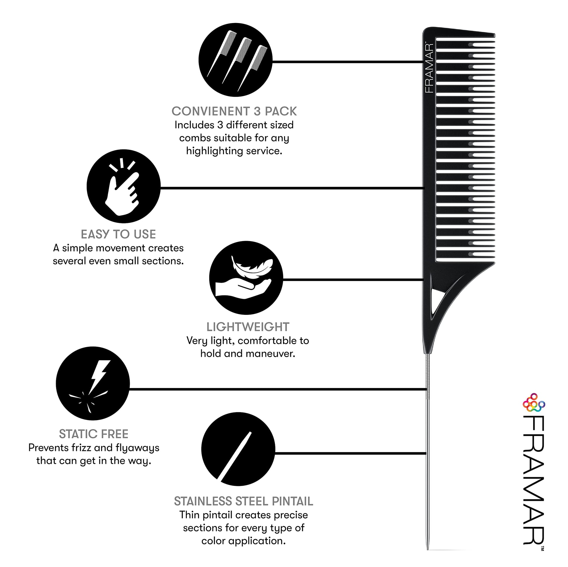 White Smoke FRAMAR Dreamweaver Highlight Comb Set - Professional Highlighting Comb With Parting Tip, Foiling Combs For Highlighting, Highlight Combs For Highlighting – 3 Pack Black