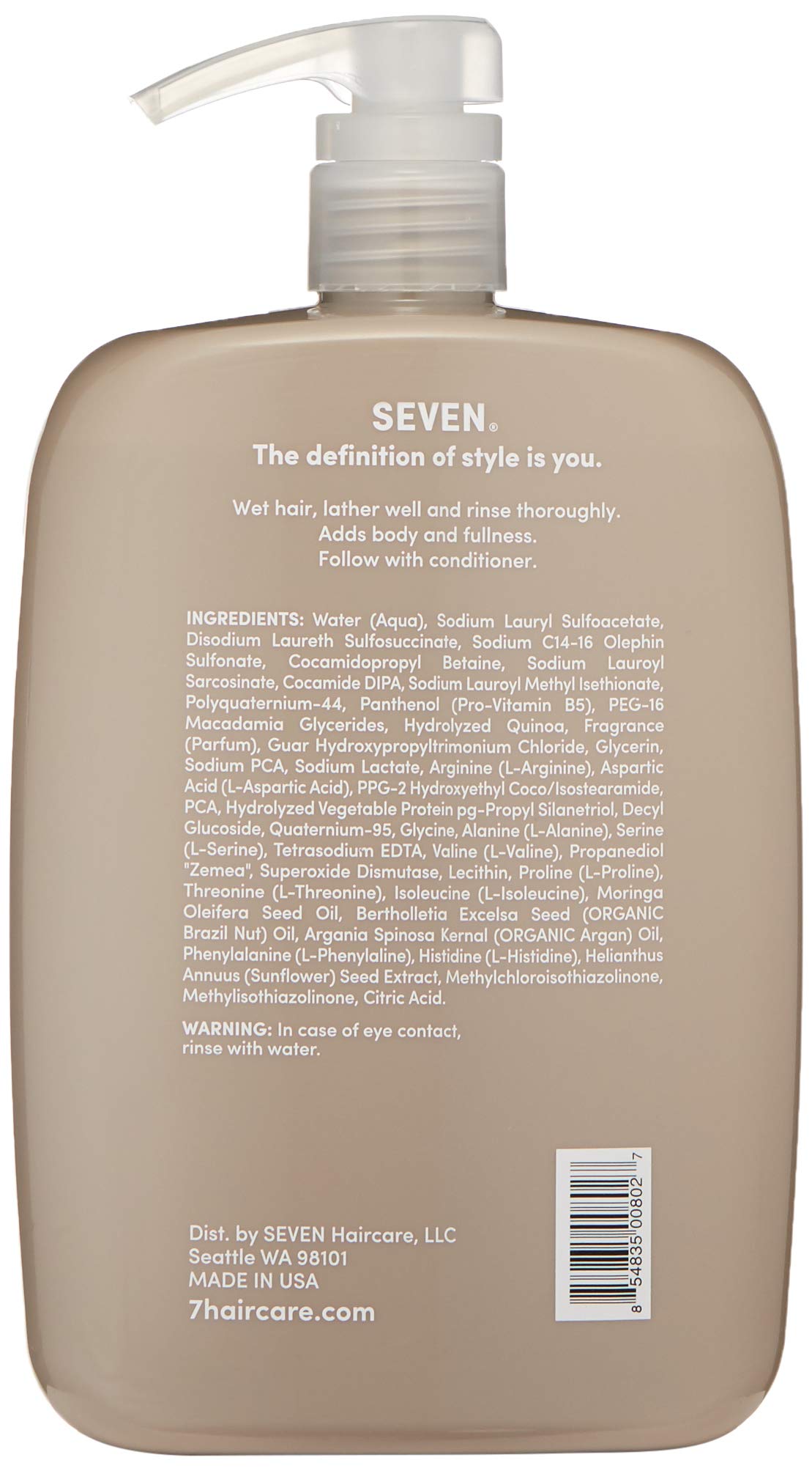 Dark Gray SEVEN Haircare Satara Volume Shampoo for Women & Men, Sulfate + Cruelty Free & Paraben Free with Pro Vitamin B5, Argan Oil, Hydrolyzed Quinoa Protein for Flat + Limp Hair, Made in USA, 32oz