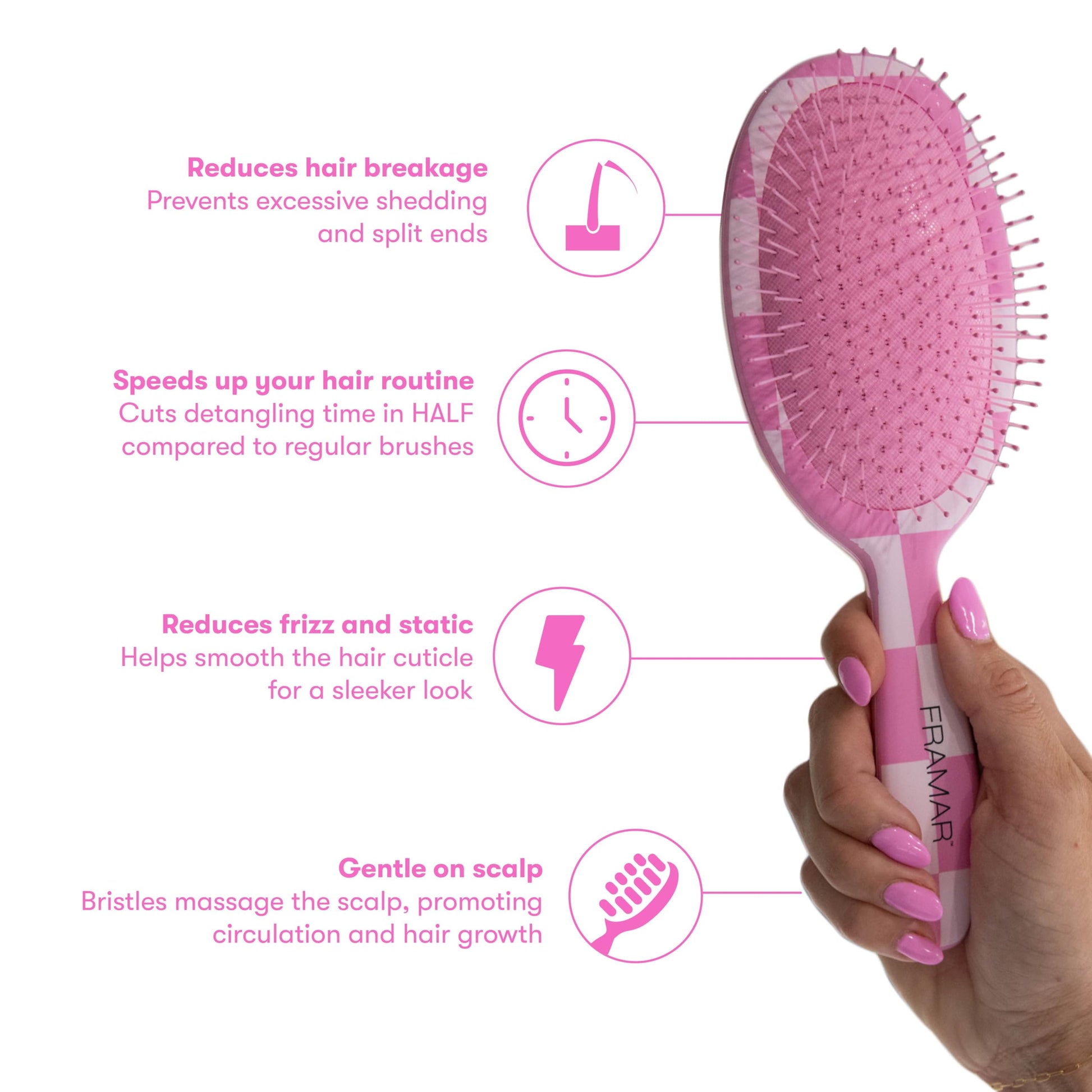 White Smoke FRAMAR Checkered Hair Brush Detangler – Wet Hair Brushes For Women, Womens Hair Brush, Hair Accessories, Hairbrush For Women, Cepillos Para Cabello, Reduces Breakage – Detangle Brush - Pink