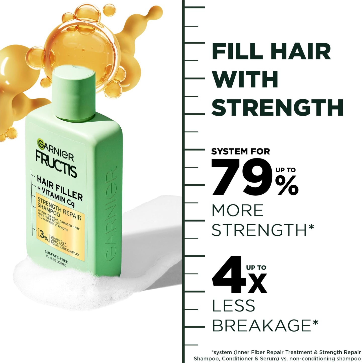White Smoke Garnier Fructis Hair Filler Strength Repair Shampoo with Vitamin Cg, Sulfate Free Shampoo for Weak, Damaged Hair, 10.1 Fl Oz, 1 Count