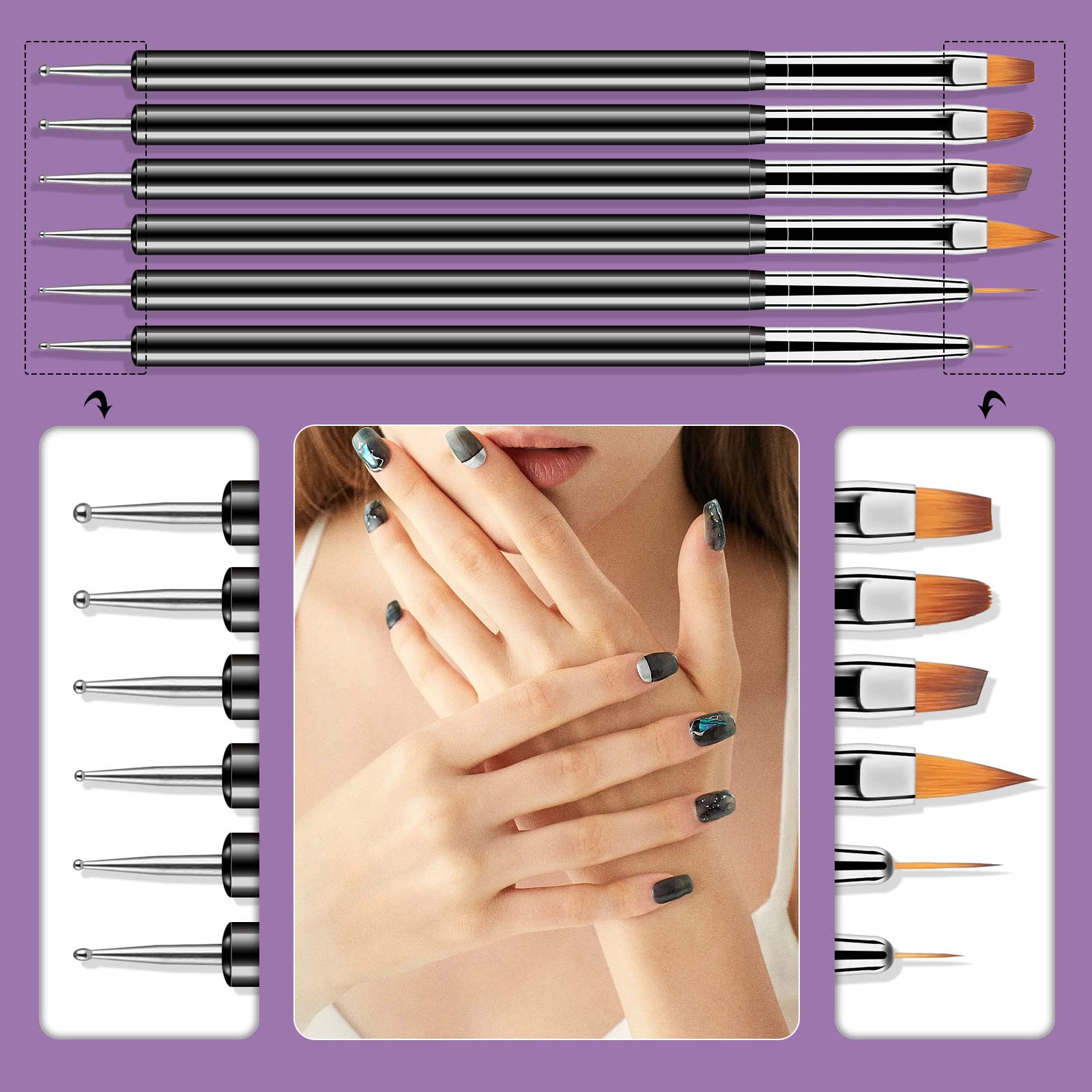White Smoke Artdone Nail Dotting Tools 6PCS Double-ended Nail Art Brushes Kit Nail Art Gel Polish Liner Brushes Design Pen For Nail Drawing And Nail Paint Brushes Small Detail Brushes