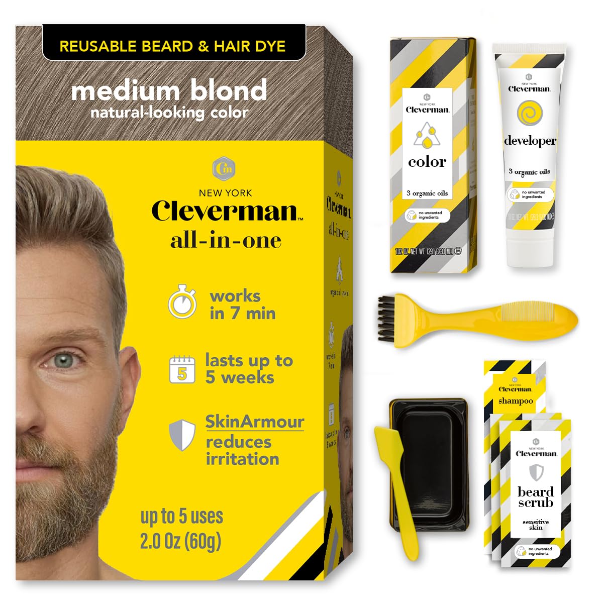 White Smoke Reusable Hair & Beard Dye for Men – Medium Blond 8.01 | Up to 5 Uses, 7 Minutes | Natural Gray Coverage, No-Drip Cream with SkinArmour® – Cleverman