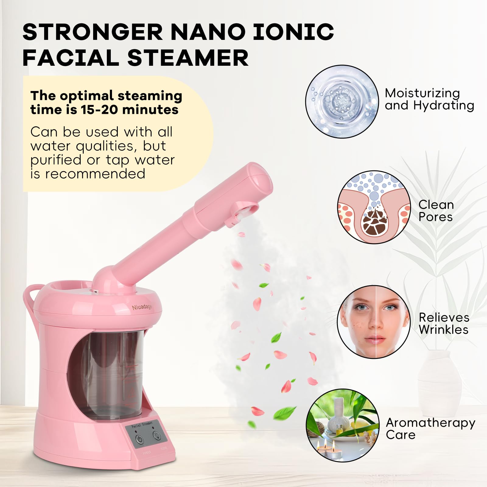 White Smoke Facial Steamer Nano Ionic Face Steamer with Extendable Arm, Portable Face Steamer for Facial Deep Cleaning, Steamer for Facial for Personal Care at Home or Salon（Pink）