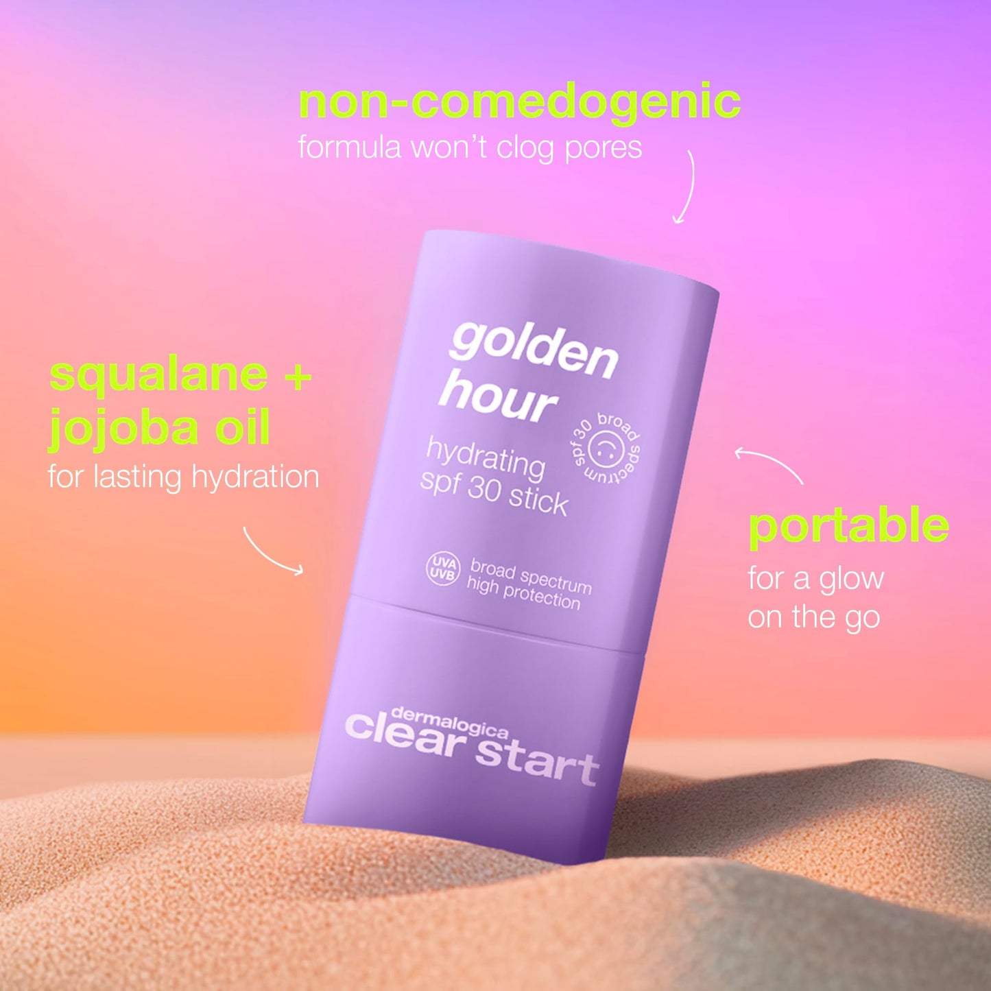 Violet Dermalogica Clear Start Golden Hour Hydrating SPF 30 Stick, Shimmer Sunscreen - Hydrating and Pore Clearing, 0.68 oz