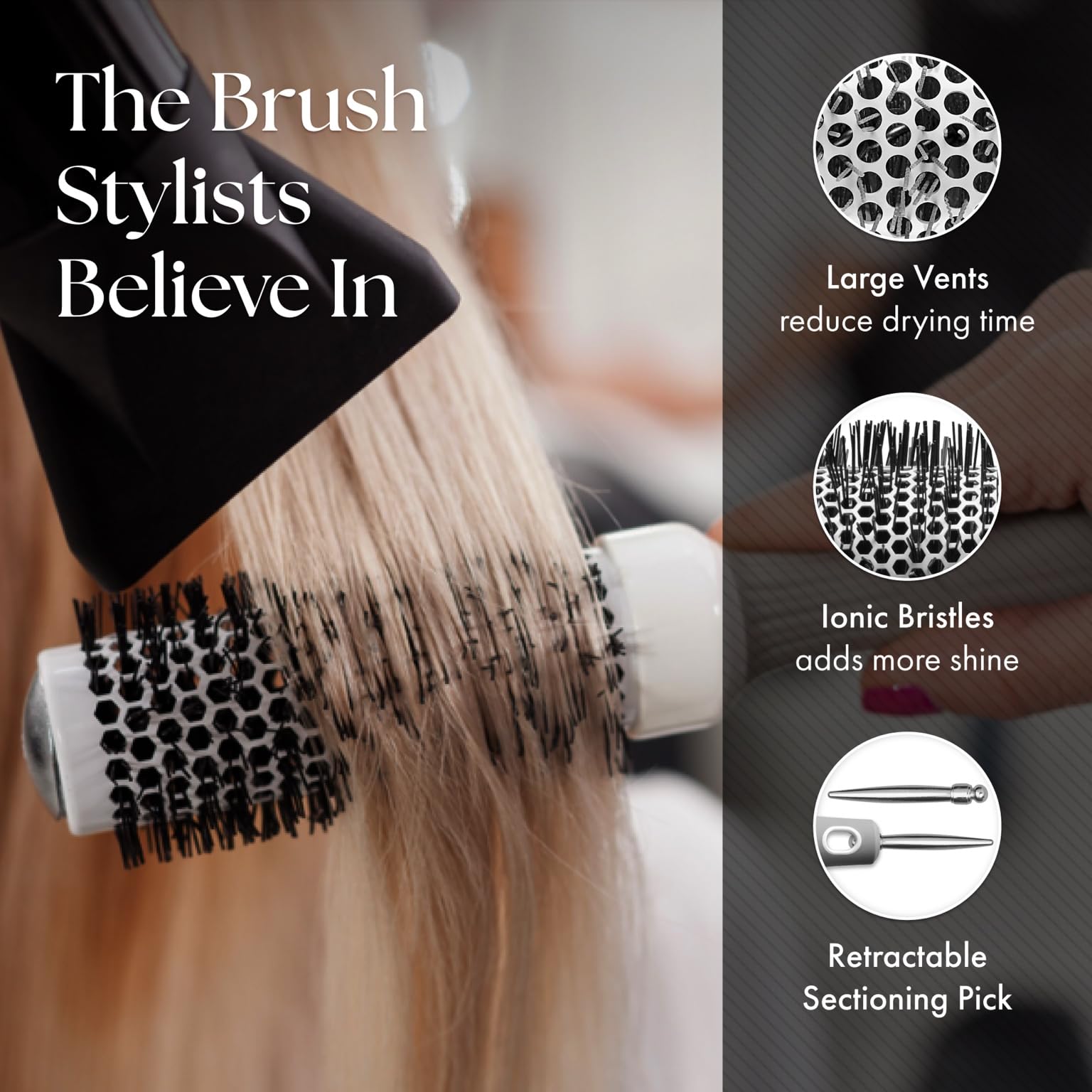 Black Olivia Garden Ceramic + Ion Round Thermal Hair Brush - Not Electrical - Professional Blowout Brush for Normal to Thick Hair - 0.5"-Diameter Barrel - White and Grey - CI-15