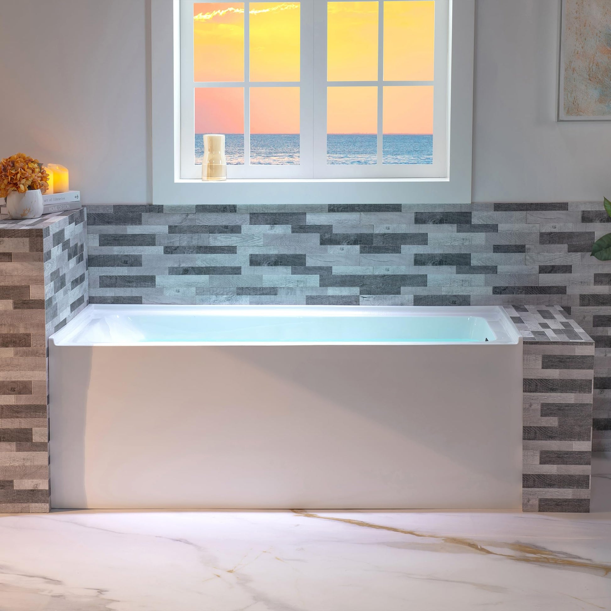 Light Slate Gray WOODBRIDGE 60" Acrylic Rectangular Alcove Soaking Bathtub in White with Right Drain, Matte Black pop-up Drain Included, LB666-R