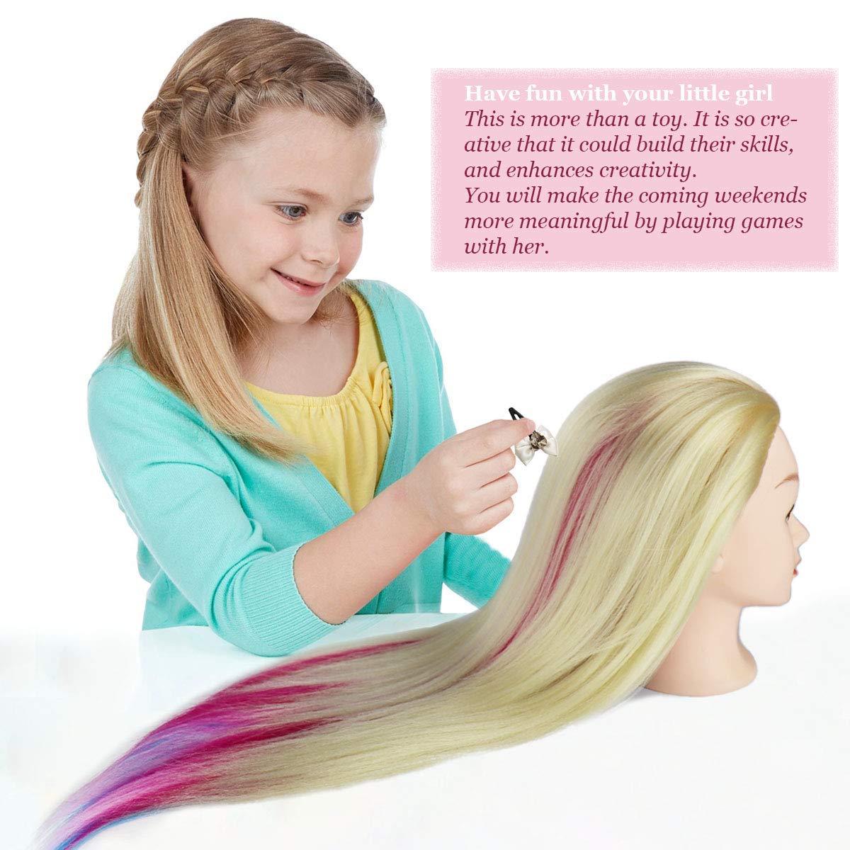 White Smoke Beauty Star 29" Colorful Mannequin Head with 100% Syntheic Hair, Doll Head for Hair Styling and Braiding Practice, Professional Bride Cosmetology Training Manikin Head with Clamp Stand Updo Kit