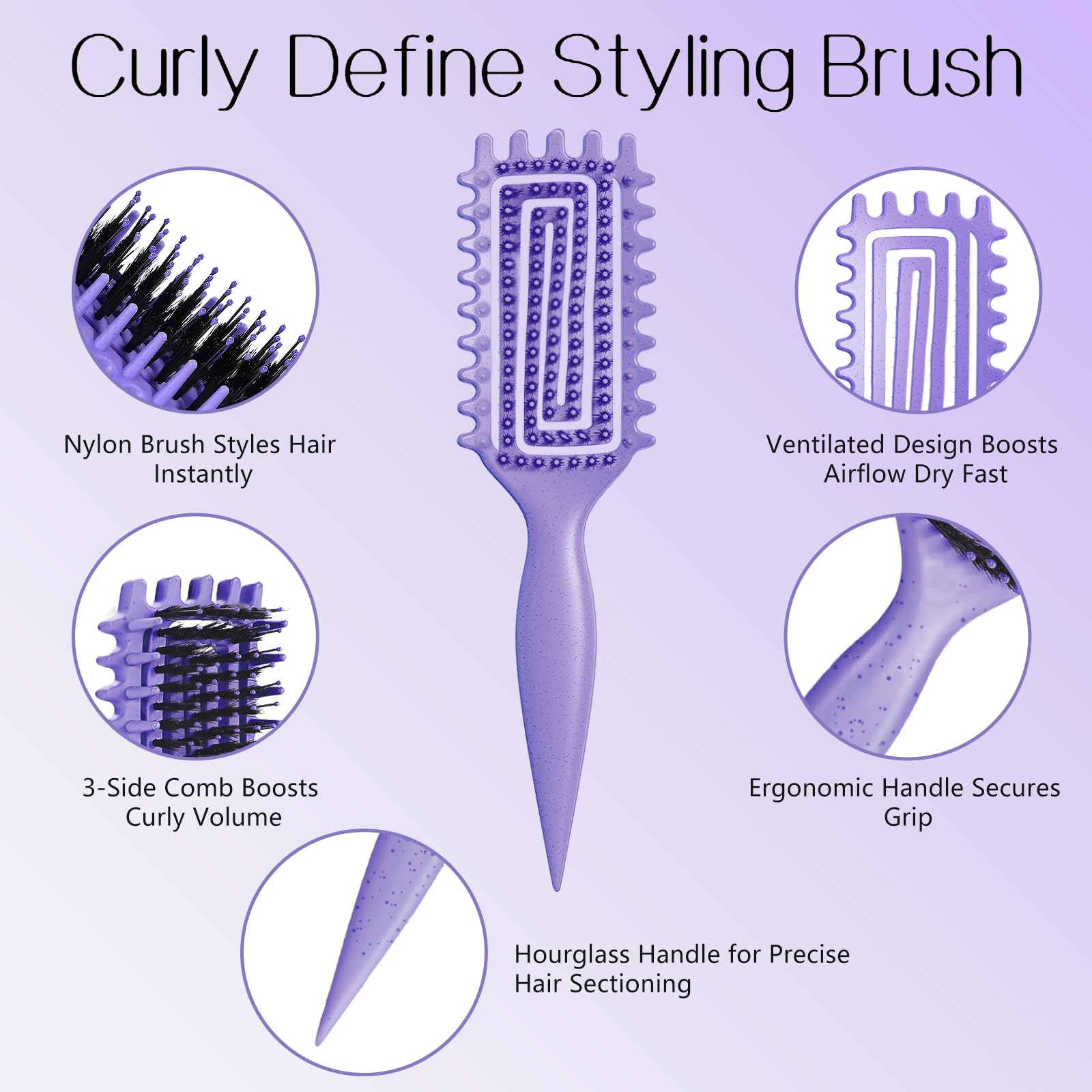 Lavender Curly Hair Brush,Curl Defining Brush for Effortlessly Defined Curls & Waves,Vented Hair Brush for Wet & Dry Hair,Women and Men,Reduces Frizz (Purple)