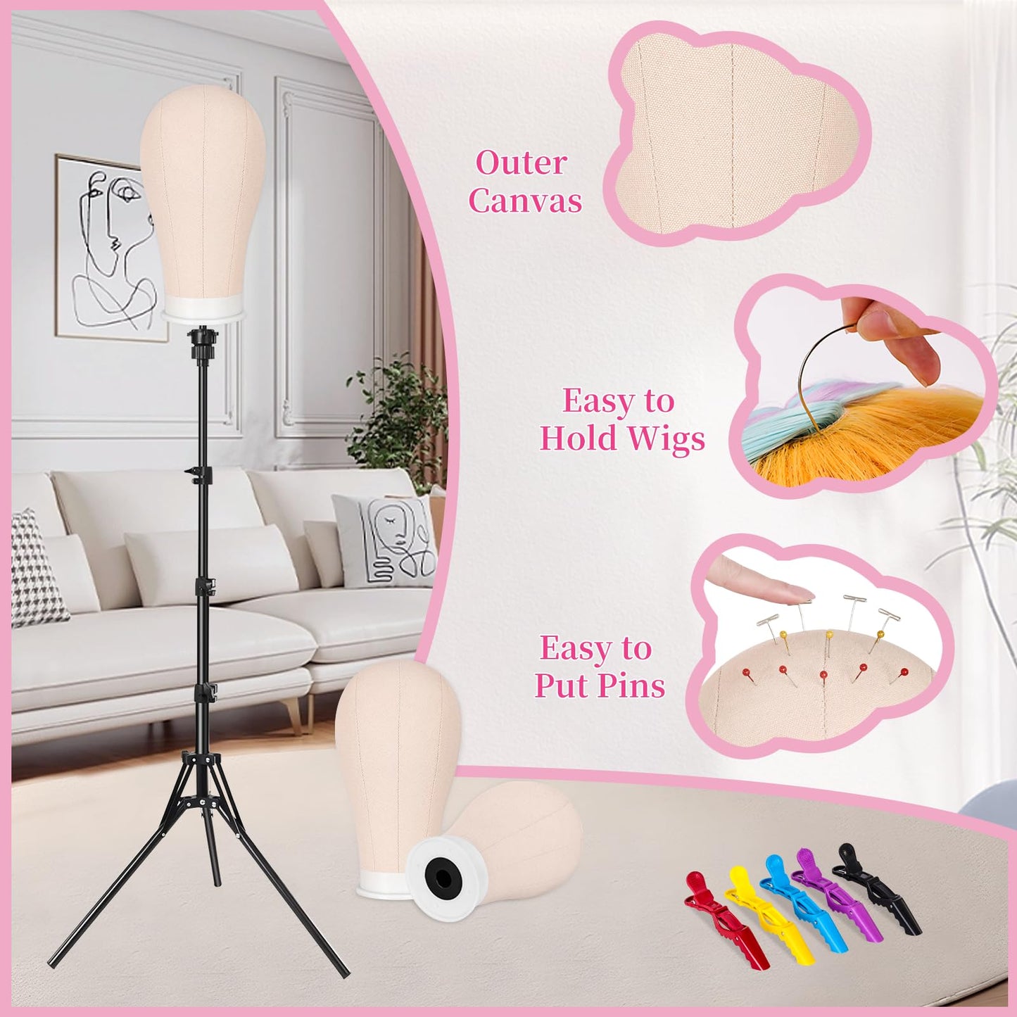 Lavender Pet Baby 63In Wig Stand Tripod with 22In Head, Canvas Wig Head Stand with Mannequin Head for Wigs Manikin Head Block Set for Wigs Making Display