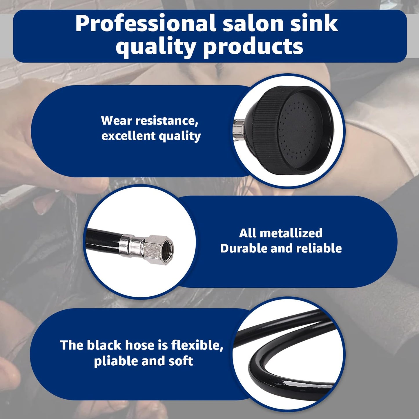 Midnight Blue Aomitop Shampoo Bowl Sink Hose with Sprayer,Salon Spray Head Attachment for Shampoo Bowl Faucet Vacuum Breaker, Salons Sink, Barber Shop, Spa, 1/4" Thread, 46" Long