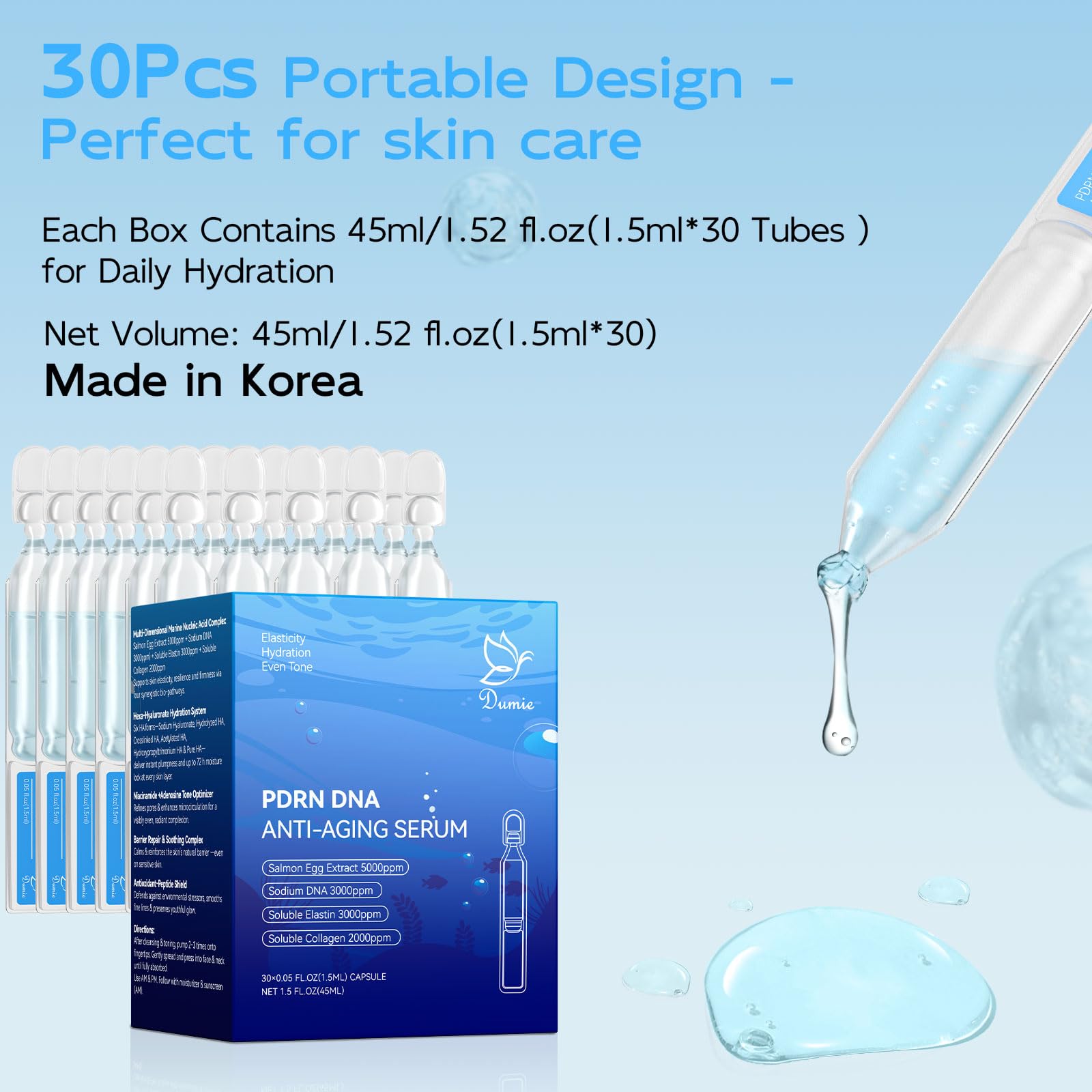 Lavender Salmon DNA PDRN Anti-Aging Serum, 5000ppm Salmon Egg DNA Ampoule, 2000ppm Collagen, Glutathione, Niacinamide & 6 Hyaluronic Acids, Korean Skincare for Wrinkles & Radiance,0.05 fl.oz x 30e