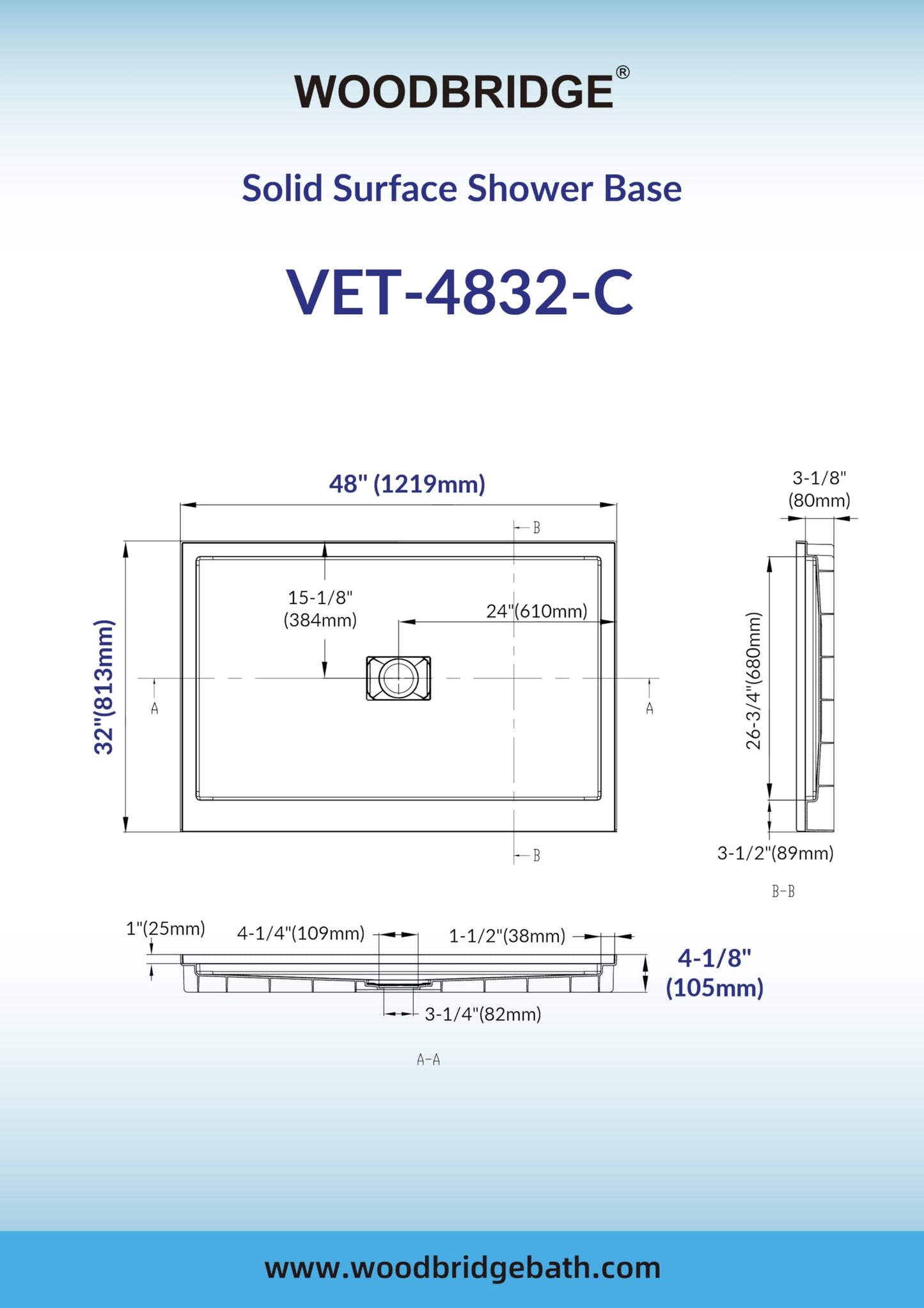 White Smoke WOODBRIDGE 48" x 32" Solid Surface Shower Base in White with Center Drain,Single Threshold,Slip-Resistant Shower Pan for Alcove Installation