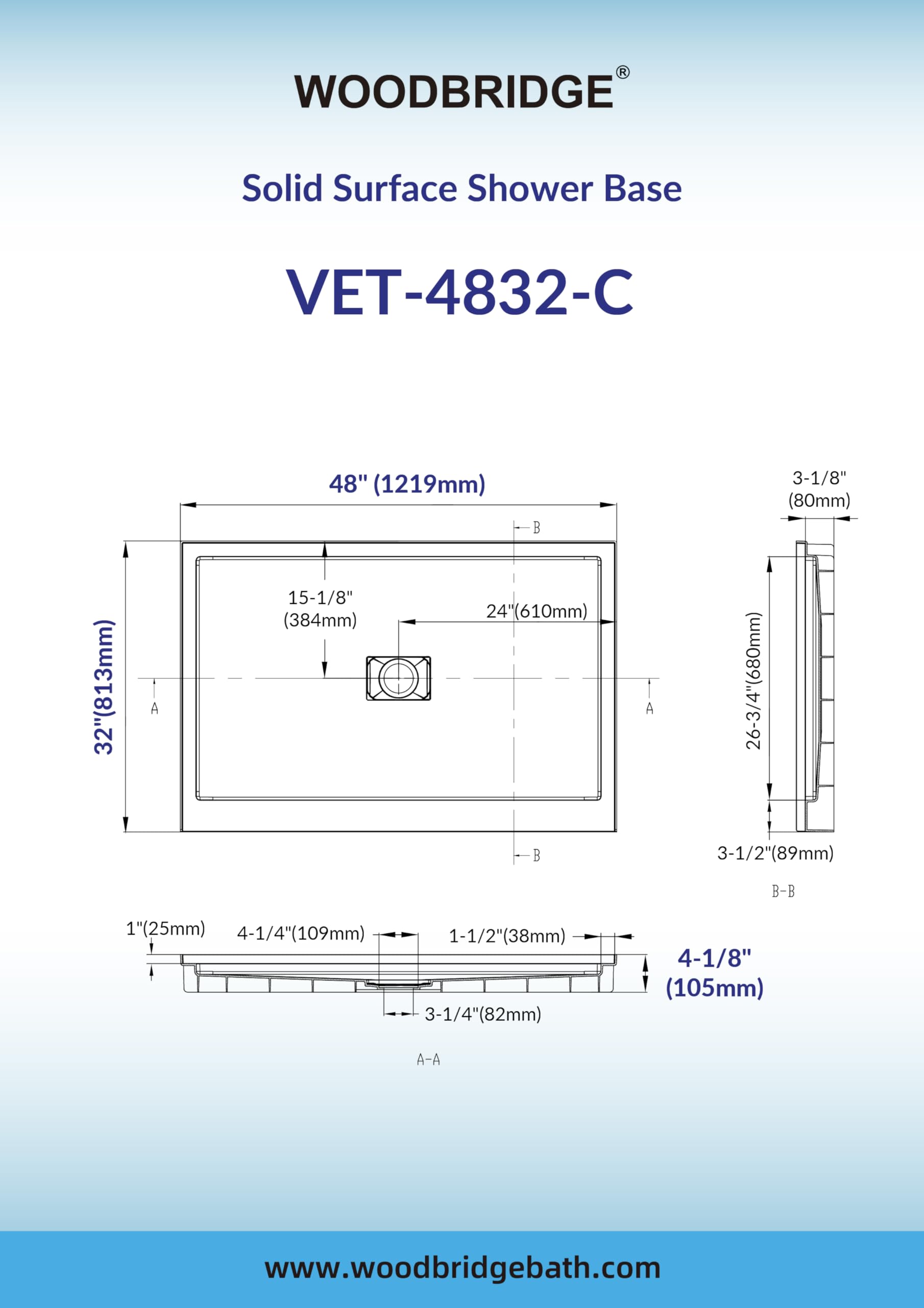 White Smoke WOODBRIDGE 48" x 32" Solid Surface Shower Base in White with Center Drain,Single Threshold,Slip-Resistant Shower Pan for Alcove Installation