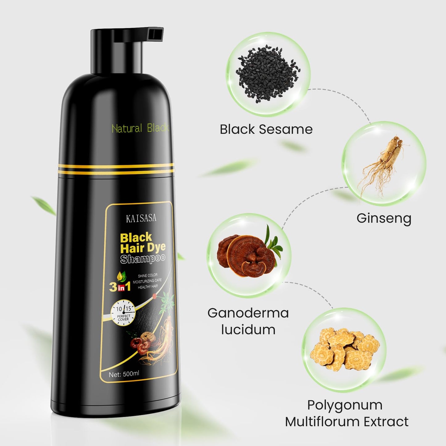 Lavender KAISASA Black Hair Dye Shampoo 3 in 1, Hair Color Shampoo for Women and Men, Hair Dye to Cover Gray Hair, Herbal Ingredient Shampoos for Grey Hair Coverage 500ml (Black)