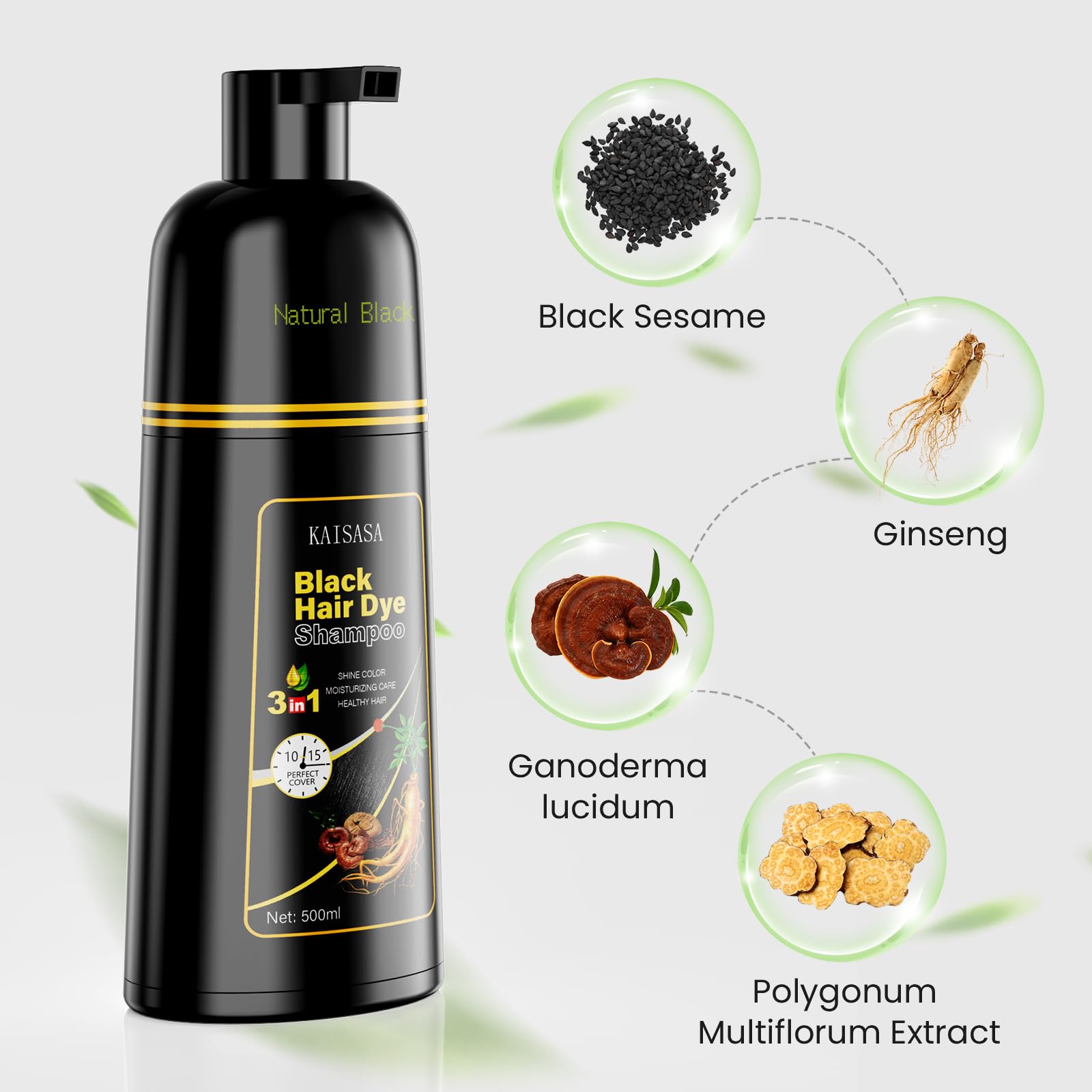Lavender KAISASA Black Hair Dye Shampoo 3 in 1, Hair Color Shampoo for Women and Men, Hair Dye to Cover Gray Hair, Herbal Ingredient Shampoos for Grey Hair Coverage 500ml (Black)