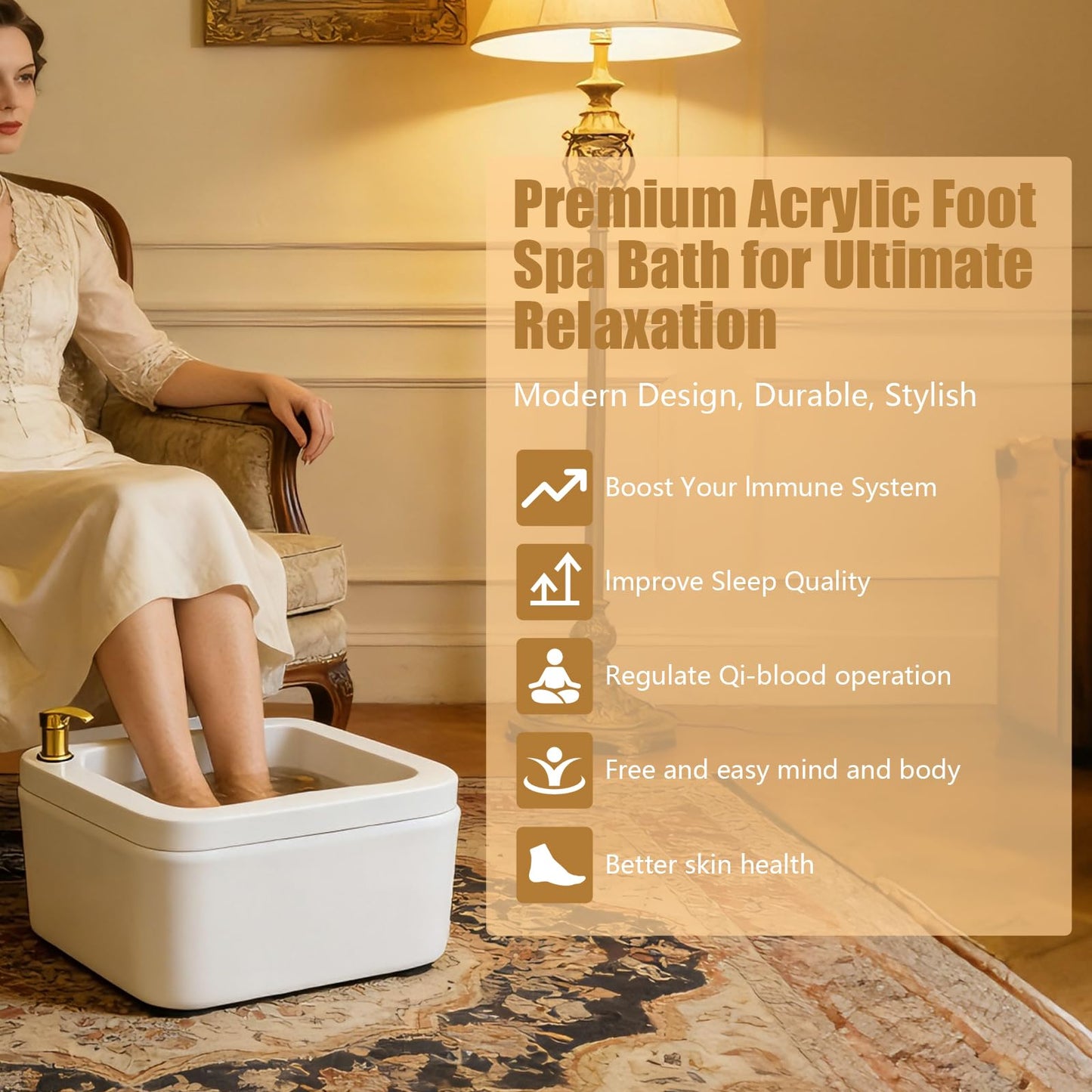 Tan BAIODNB Pedicure Foot Spa Bathtub Portable Acrylic Massage Footbath with Hot & Cold Water Pedicure Bowl Acrylic Pedicure Chair Shampoo Sink, Sink Spa Foot Shower Wash Salon, Massage Foot (White+Gold)