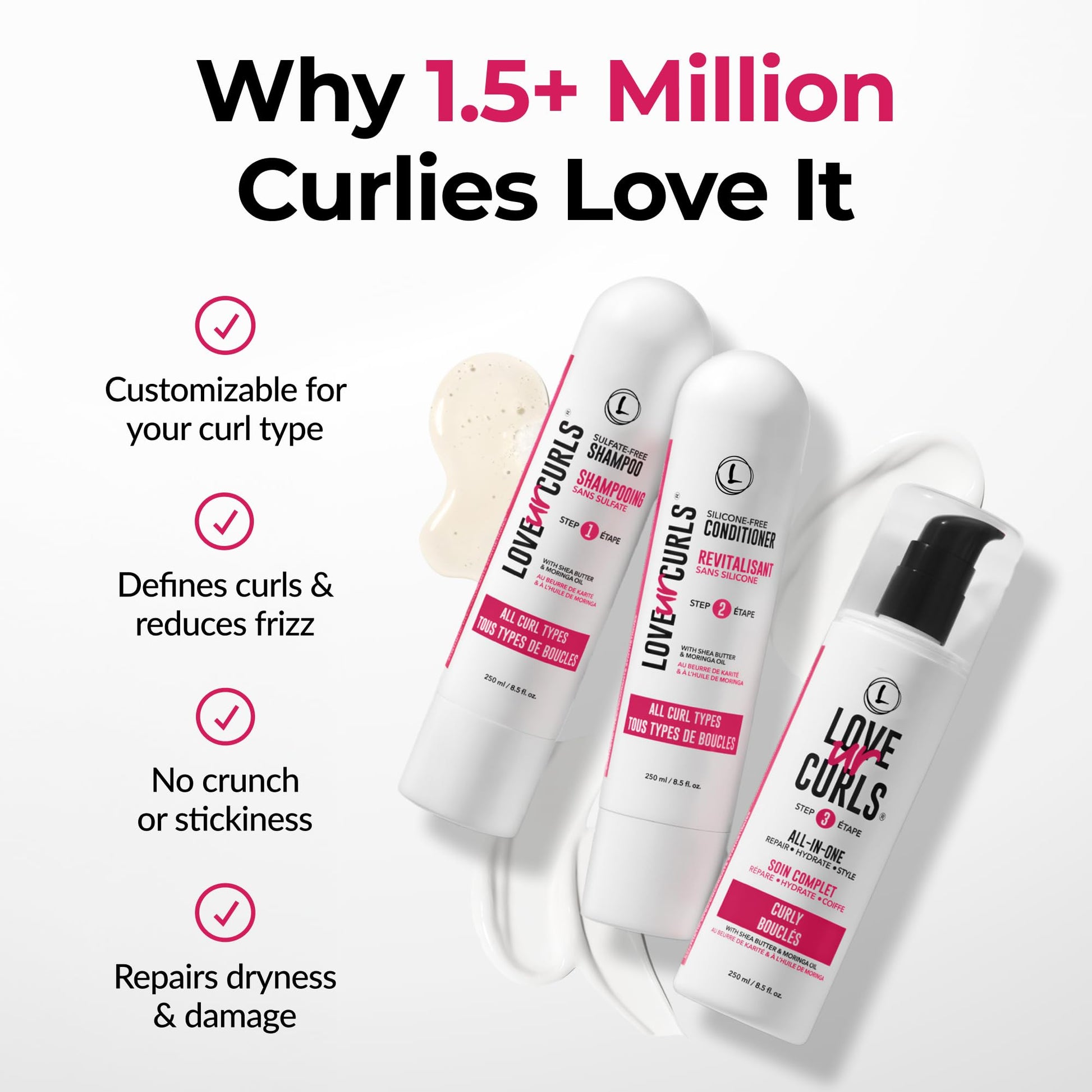 White Smoke Love Ur Curls - Shampoo & Conditioner Set with All in One Curl Cream Styler for Curly Hair, 3 Step System for Repair and Moisturizing