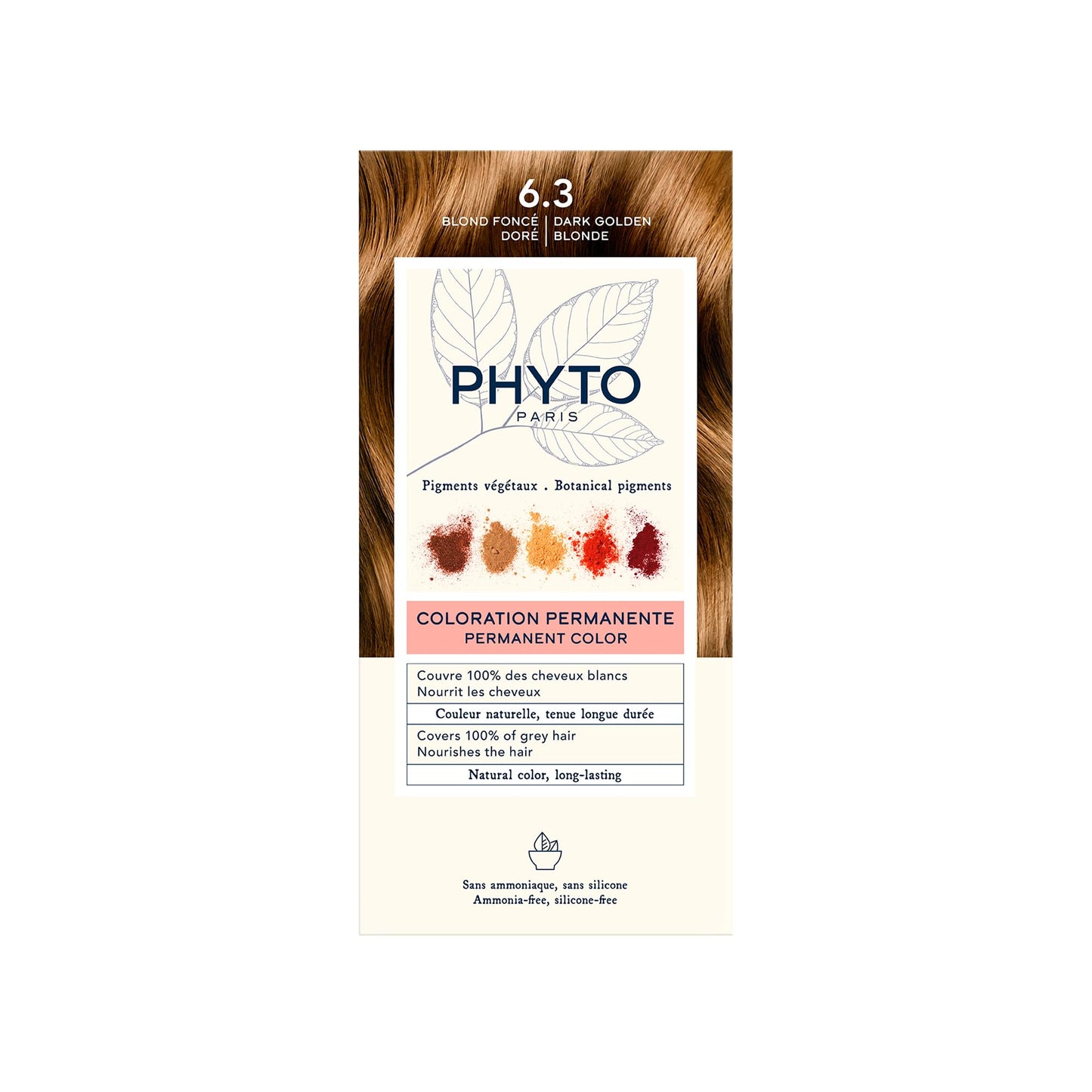 Seashell PHYTO Phytocolor Permanent Hair Color, 6.3 Dark Golden Blonde, with Botanical Pigments, 100% Grey Hair Coverage, Ammonia-free, PPD-free, Resorcin-free, 0.42 oz.
