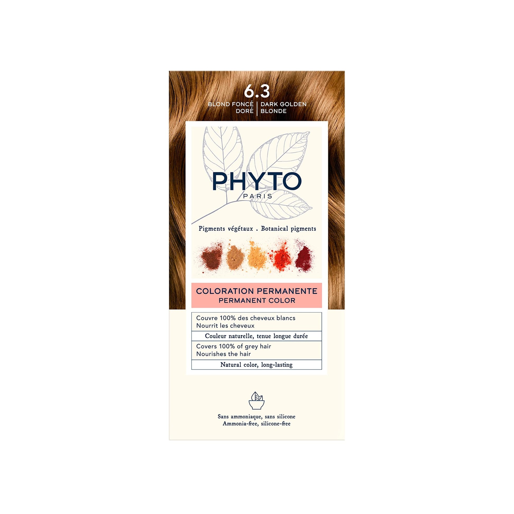 Seashell PHYTO Phytocolor Permanent Hair Color, 6.3 Dark Golden Blonde, with Botanical Pigments, 100% Grey Hair Coverage, Ammonia-free, PPD-free, Resorcin-free, 0.42 oz.