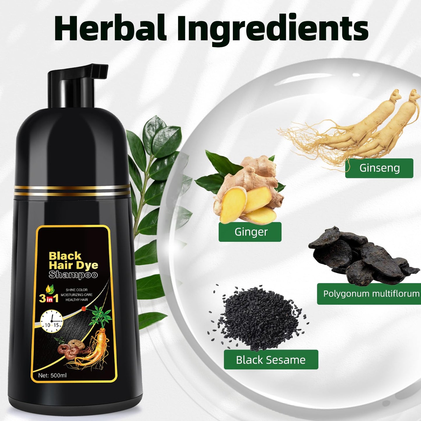 White Smoke Black Hair Dye Shampoo 3 in 1 for Gray Coverag Color Shampoo for Women/Men Instant Herbal Semi Permanent champu para canas
