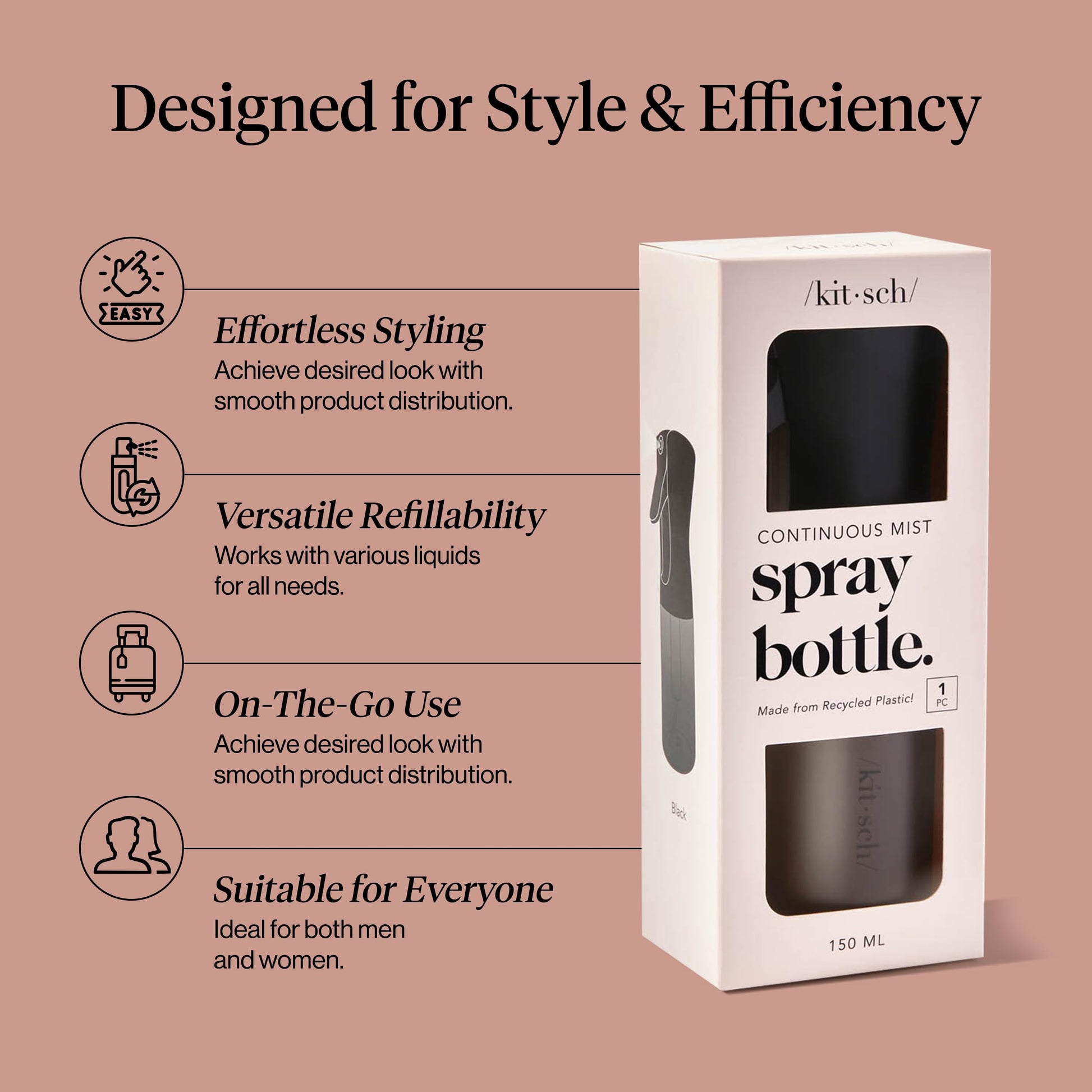 Rosy Brown Kitsch Continuous Spray Bottle for Hair – Fine Mist Water Mister & Water Spray Bottle – Recycled Hair Spray Bottle – Spray Bottles for Cleaning, Styling, Plants & More – Black, 150ml
