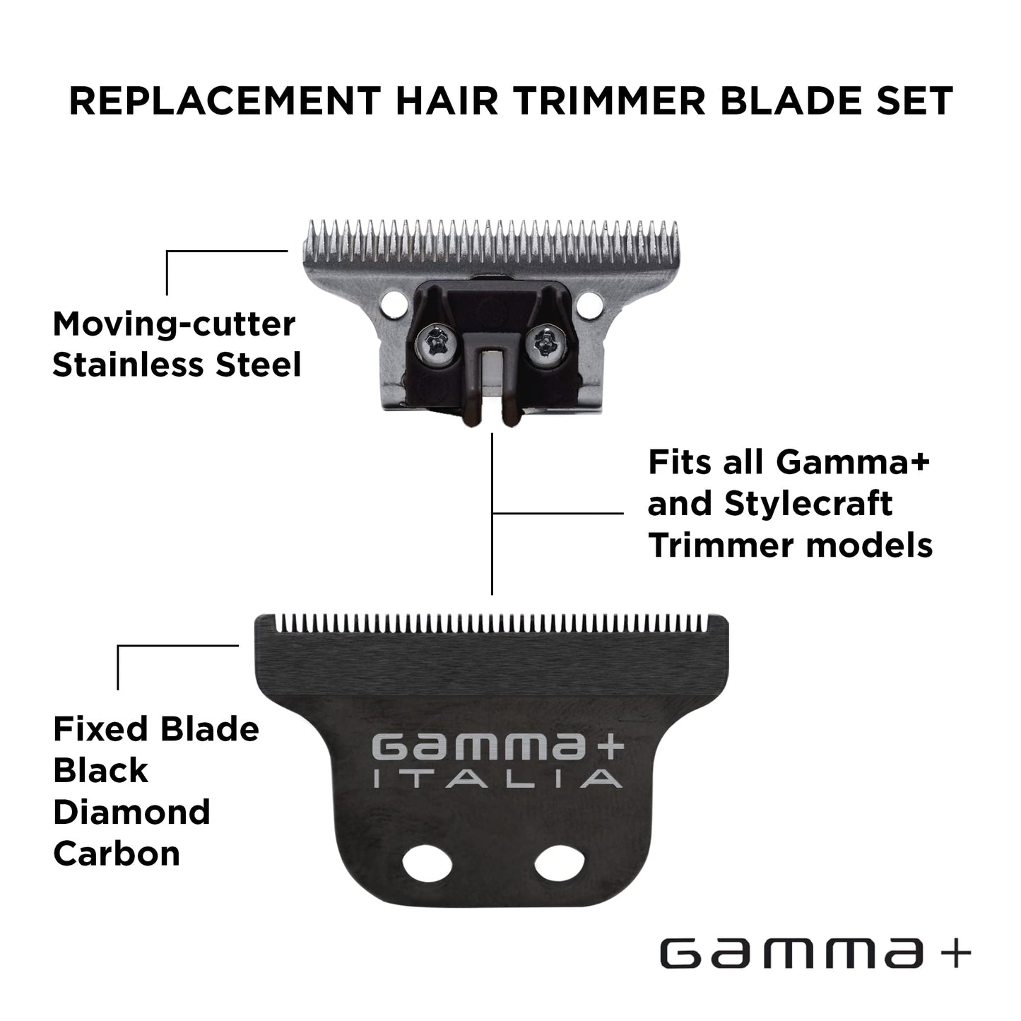 White Smoke GAMMA+ Replacement Classic Fixed Black Diamond Carbon DLC with Stainless Steel Deep Tooth Cutter Trimmer Blade Set