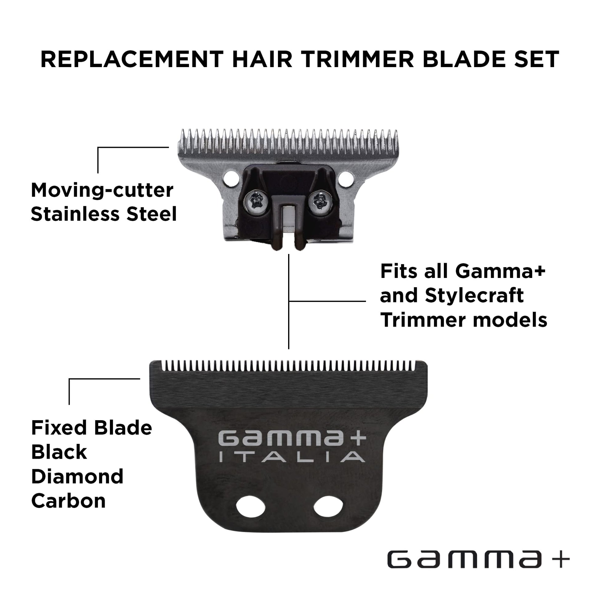 White Smoke GAMMA+ Replacement Classic Fixed Black Diamond Carbon DLC with Stainless Steel Deep Tooth Cutter Trimmer Blade Set