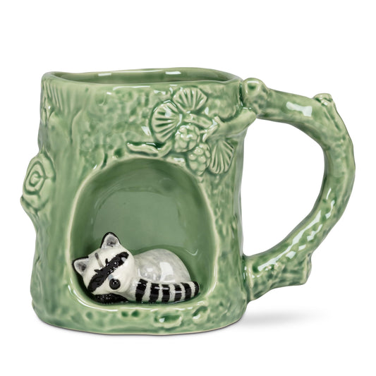 White Smoke Abbott Collection Alcove Tree Look Mug with Raccoon - Stoneware, Green/Grey, 4 inches H (12oz)