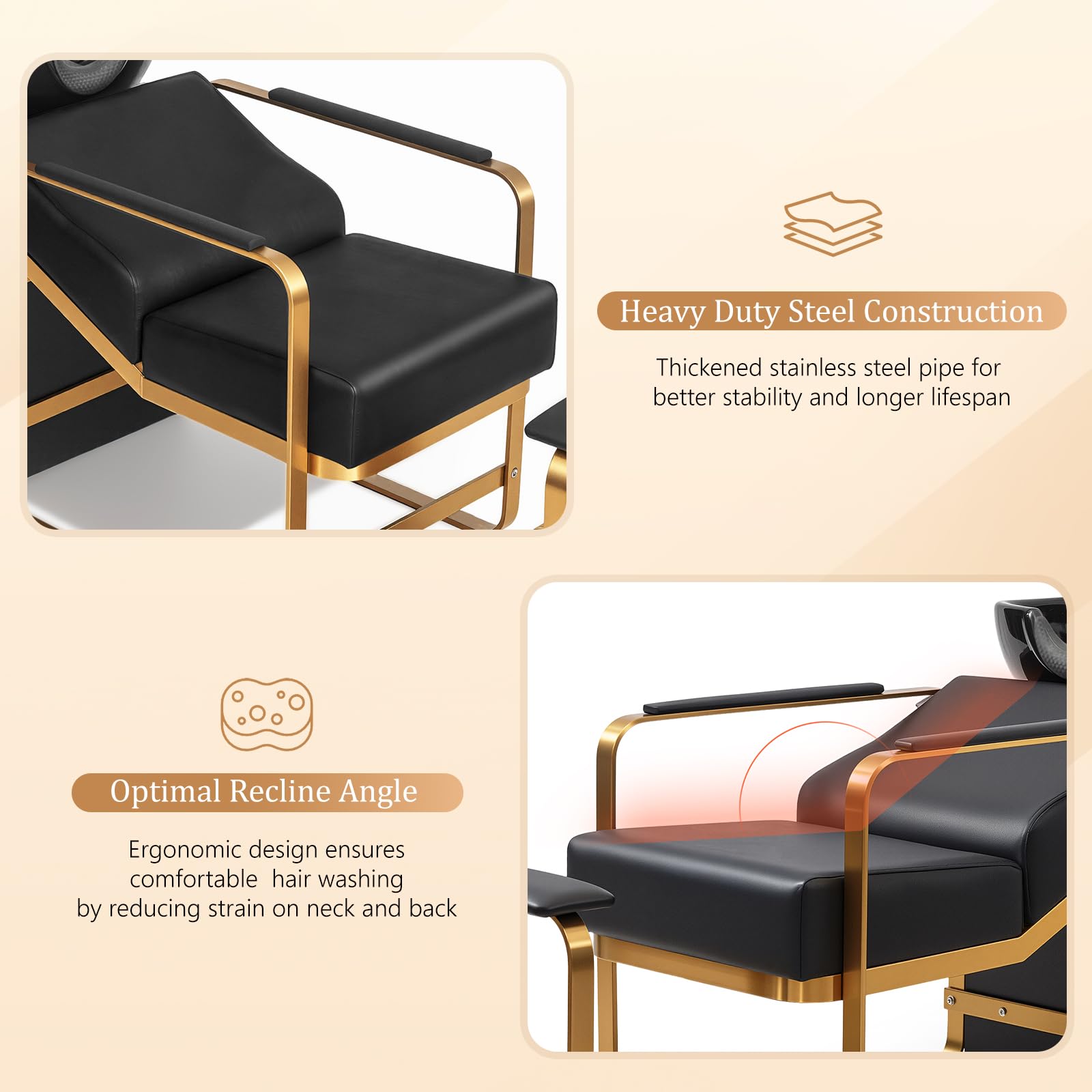 Antique White OmySalon Shampoo Chairs for Salon, Stainless Steel Frame & UPC Certified Shampoo Bowl & Footrest, Hair Washing Station, Backwash Unit for Beauty Spa Barbershop, Black and Gold