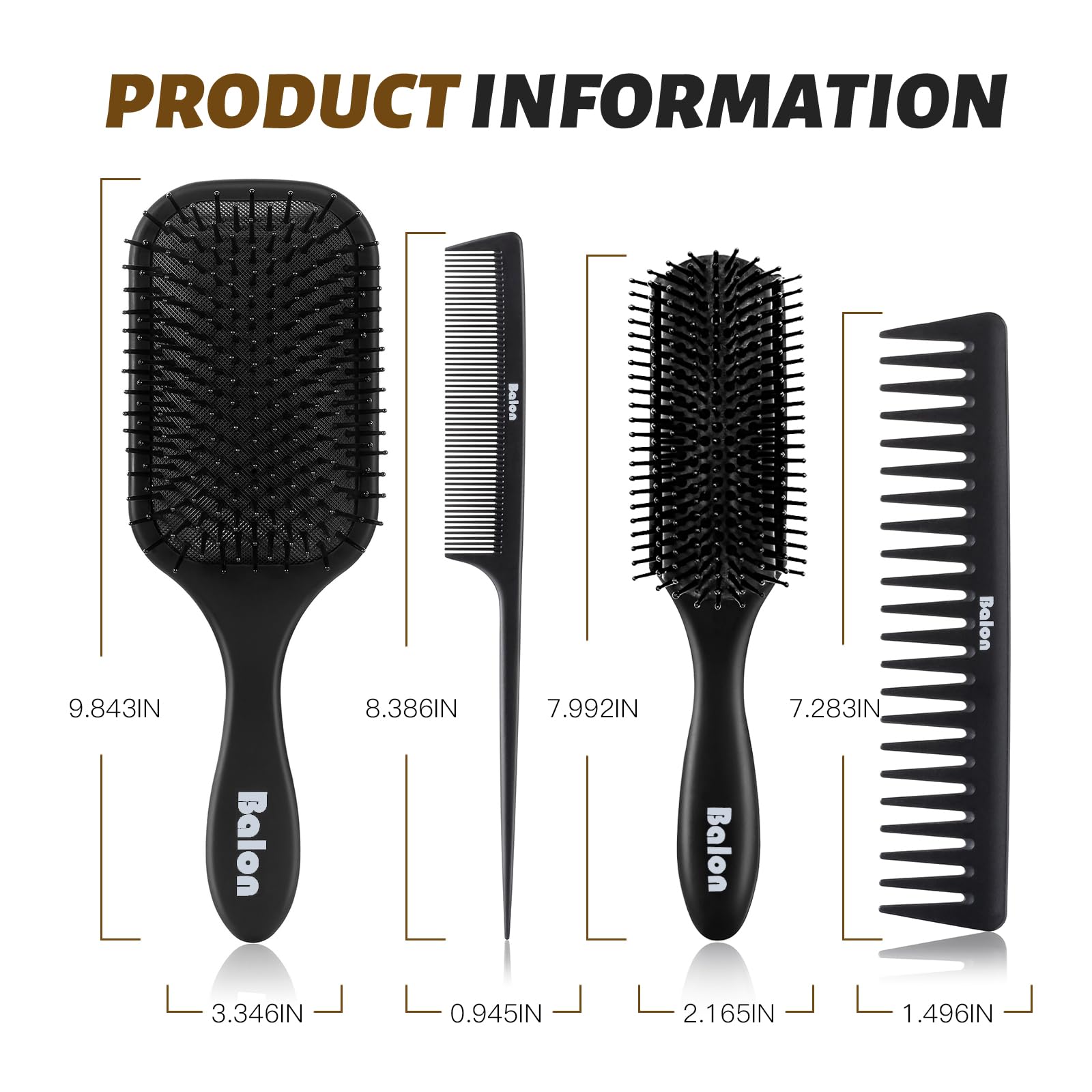 White Smoke Balon Hair Brush for Women and Men, 4Pcs Paddle Brush Detangling Brush Hair Comb Set for Long Thick Thin Curly Hair, Hairbrush Great On Wet or Dry, No More Tangle