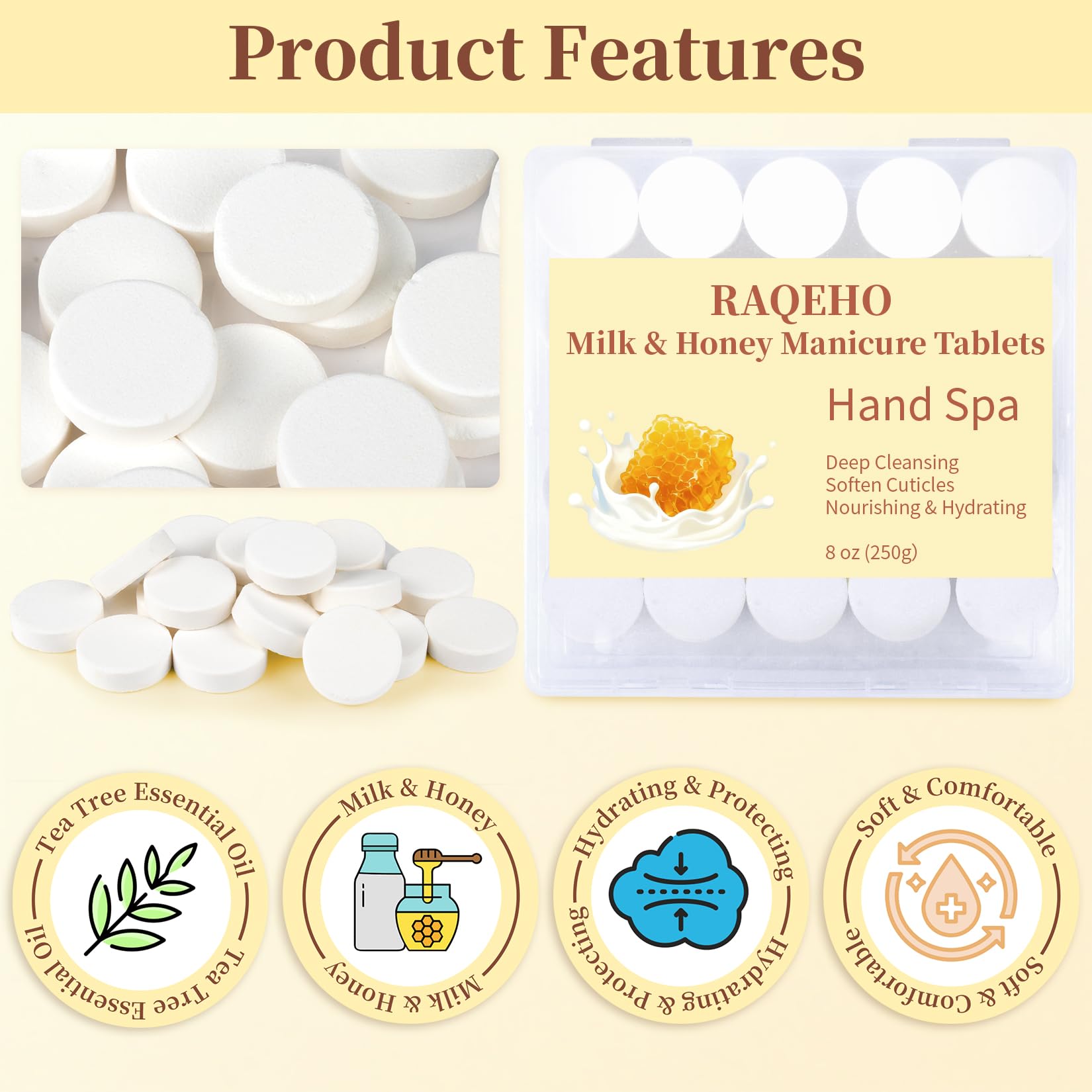 Beige RAQEHO Manicure Spa Tablets 8oz - Milk & Honey Soak Balls, Moisturizing Tablets, Cuticle Softener for Foot and Hand Soak Pedicure Spa Supplies Manicure Tools Nail Salon & Tavel Esenntial（40count）
