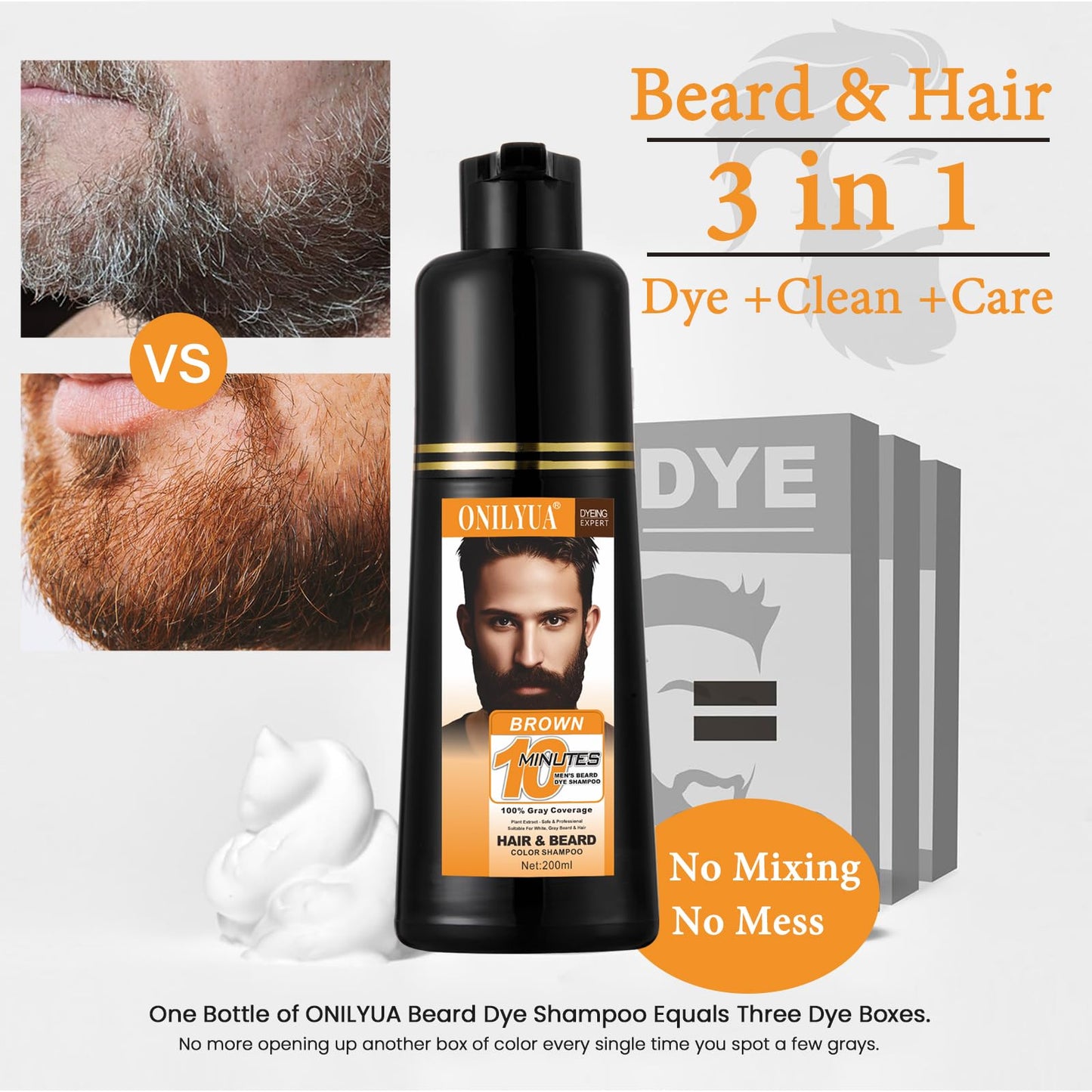 Lavender Men's Beard Dye, Brown Beard Dye Shampoo for Gray Hair Coverage, Root Touch Up, 3 in 1 Simpler Hair Color for Men, Long Lasting Hair Dye Shampoo for Beard & Mustache, 200 ml