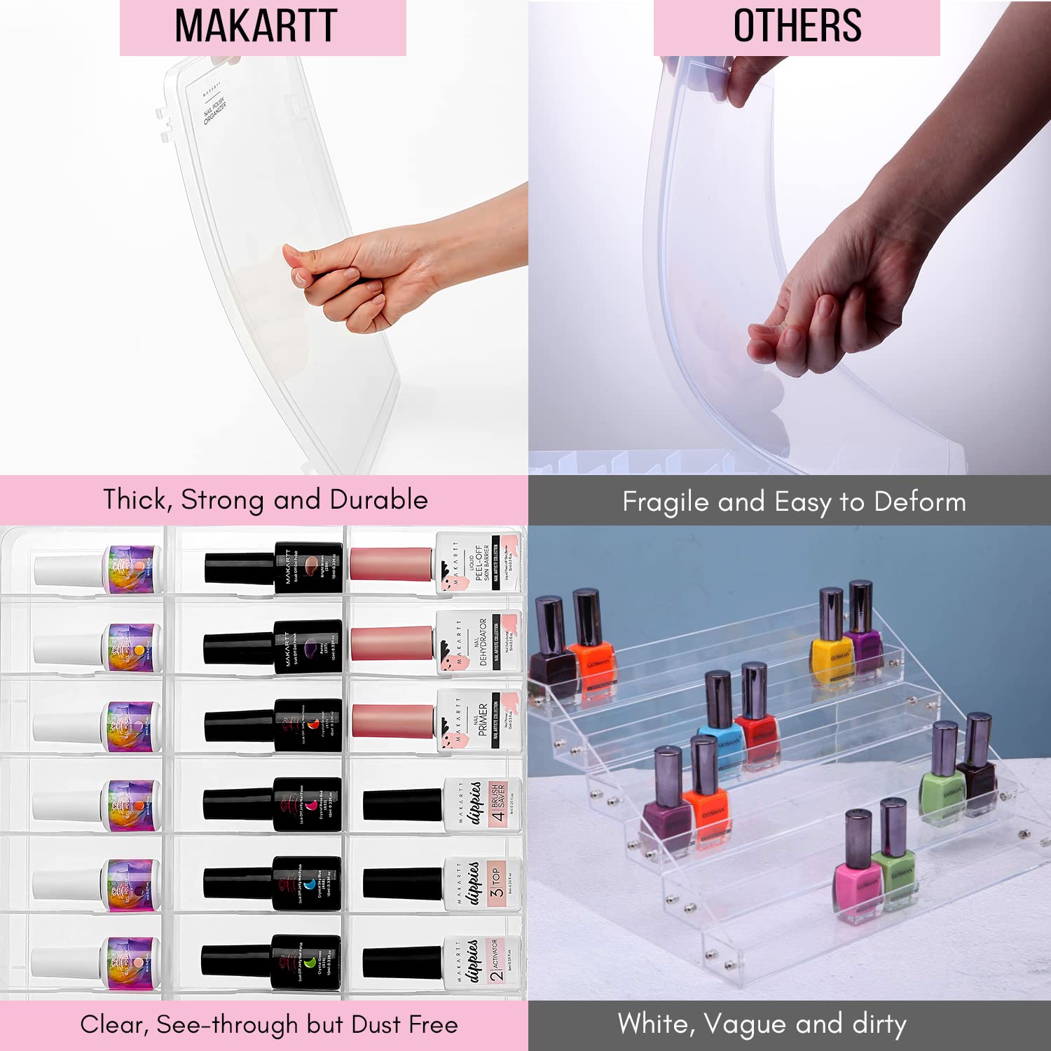 White Smoke Makartt Nail Polish Organizer: Clear Universal Nail Polish Holder for 48 Bottles, Portable Sturdy Gel Nail Polish Organizer Case with 8 Adjustable Dividers, Space Saver for Nail Bottles Display Travel