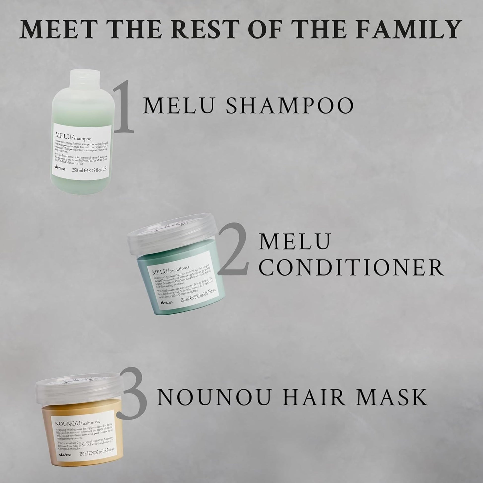 Gray Davines MELU Shampoo, Elasticizing Anti-Breakage Gentle Cleansing Action for Long or Damaged Hair - Gives Lustrous, Reinforced, Shiny, and Soft Strands with Lentil Seeds, Travel Size, 2.54 Fl Oz