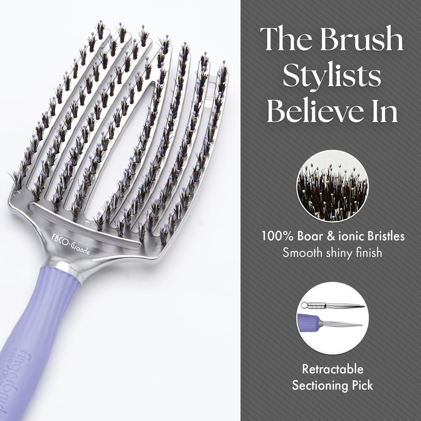 White Smoke Olivia Garden Fingerbrush Combo Curved and Vented Paddle Brush for Blow Drying - Ionic and 100% Boar Bristles - For All Hair Types, Grande