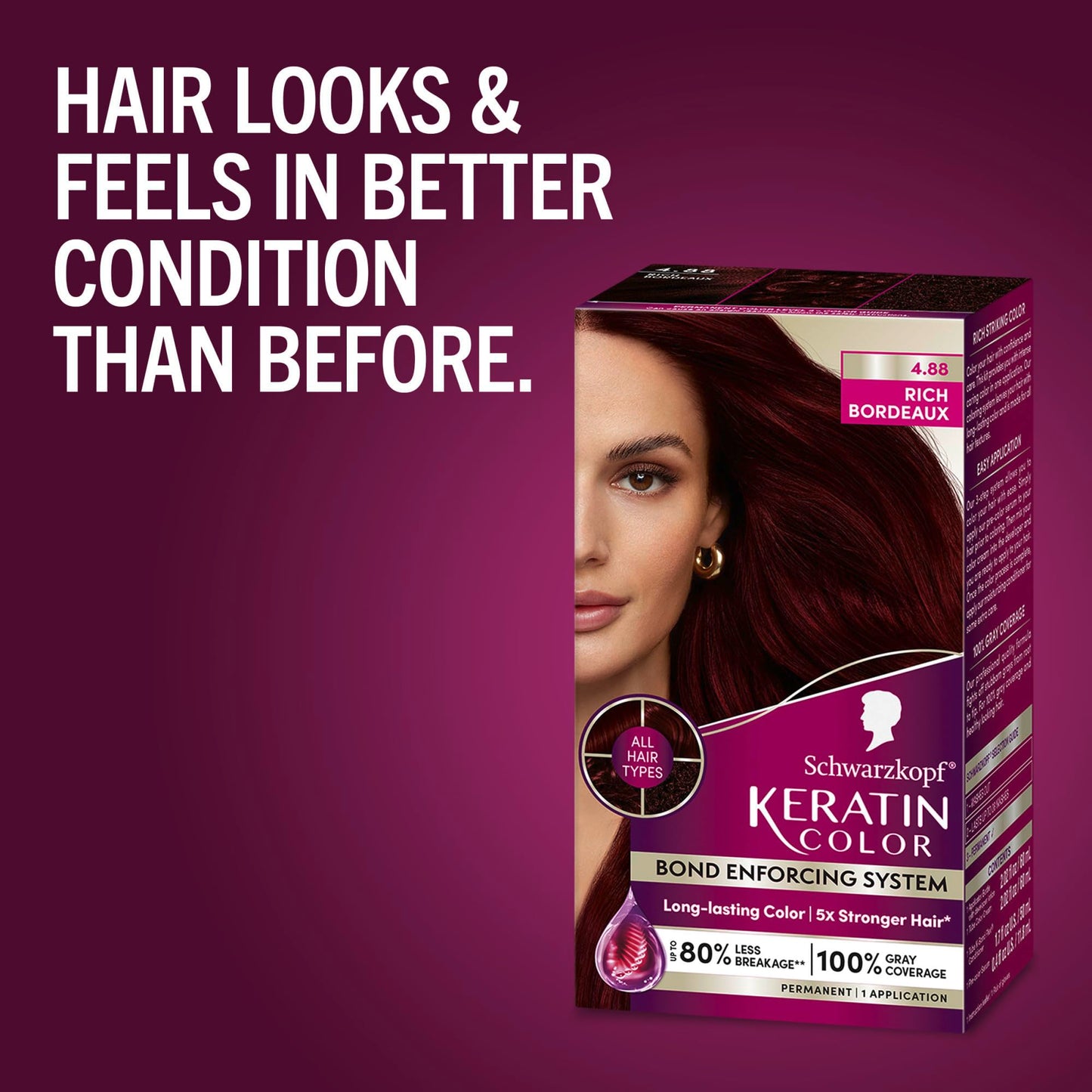 Dark Red Schwarzkopf Keratin Permanent Hair Dye Cream, 4.8 Rich Bordeaux, Professional Quality Color for Up to 100% Gray Coverage, Bond Enforcing System