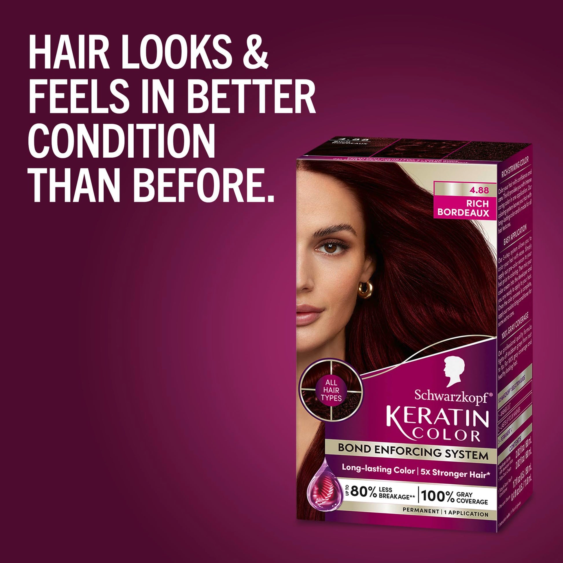 Dark Red Schwarzkopf Keratin Permanent Hair Dye Cream, 4.8 Rich Bordeaux, Professional Quality Color for Up to 100% Gray Coverage, Bond Enforcing System