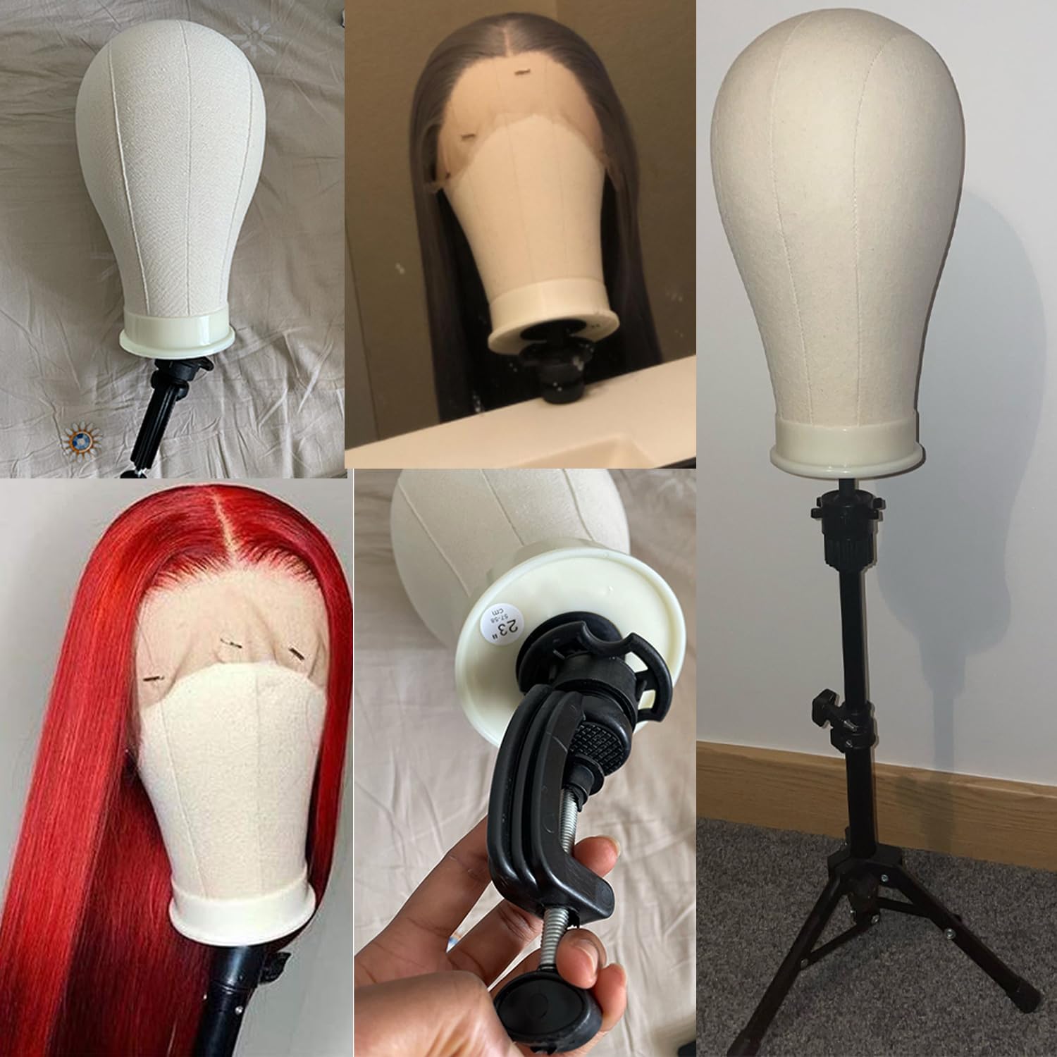 Dark Sea Green LUNGCYX 23Inch Wig Stand Tripod,Canvas Wig Head Stand Mannequin Head Foldable Wig Stand Set for Making Display with Table Clamp,Wig Cap & T Pins